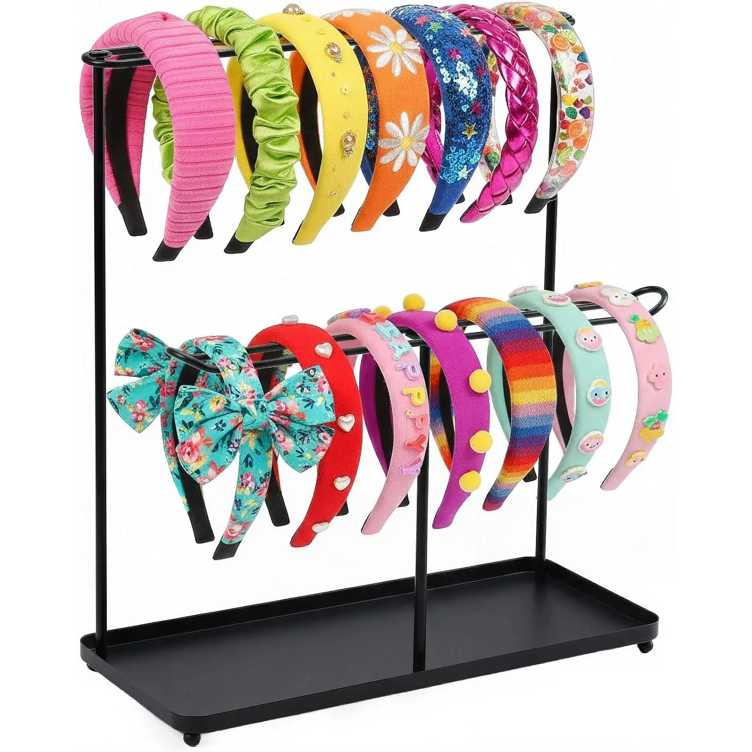 Headband Holder Organizer Metal 2-Tier with Tray, Necklace Storage Hairband Rack Hair Accessories Display Stand Stand  Bedroom College Dorm Decor for Girls Women (Black)