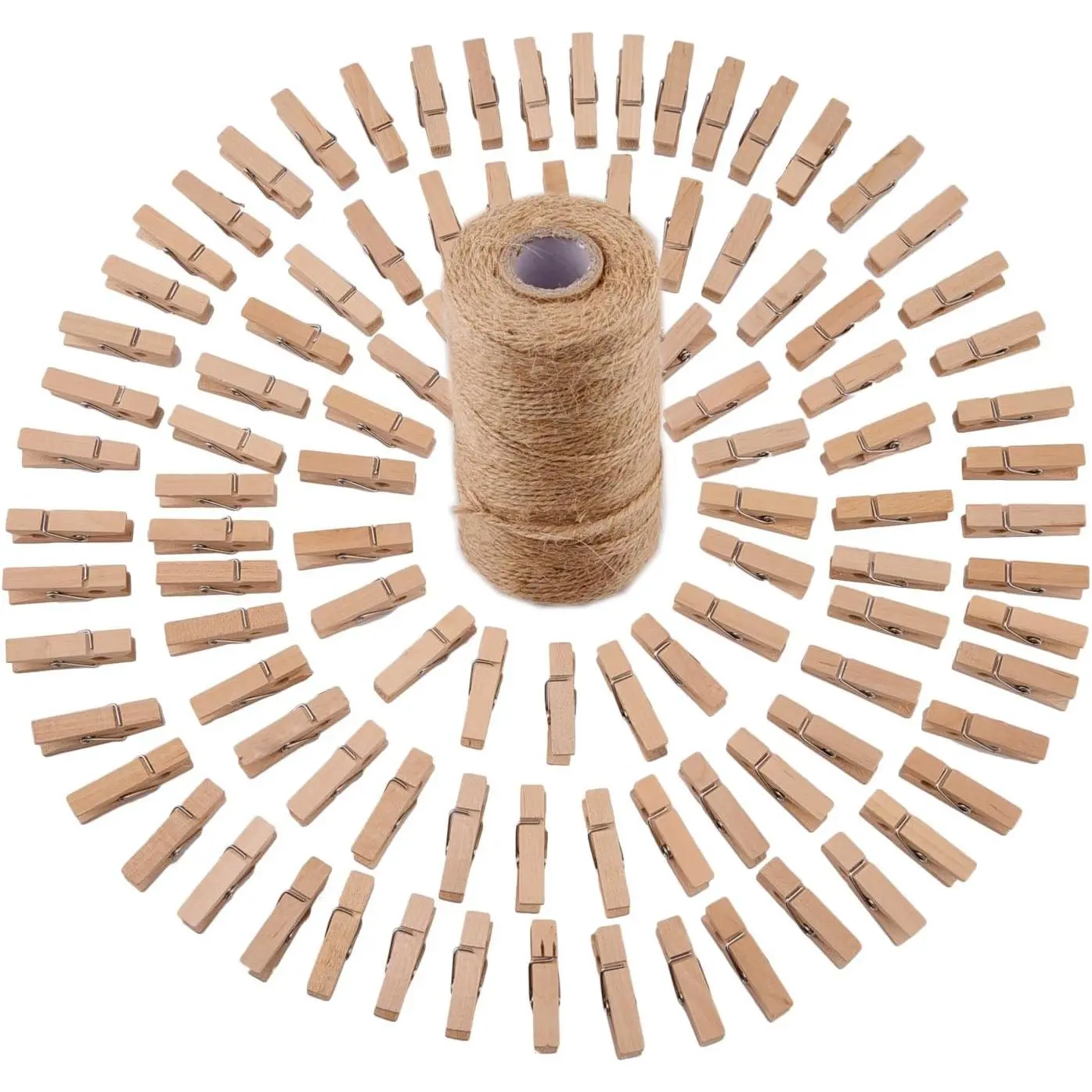 320 Feet Jute Twine and 100 Pieces Mini Natural Wooden Craft Clothespins Pegs Clips