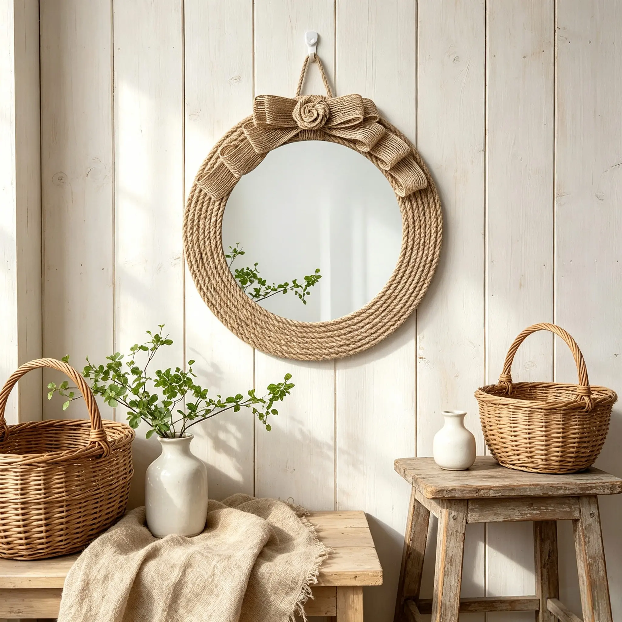 1pc Natural Jute Bow Round Wall Mirror Cottagecore Farmhouse Style Handwoven Rope Border Decorative Accent Mirror Circle Mirror for Home Dorm, Bedroom, Living Room