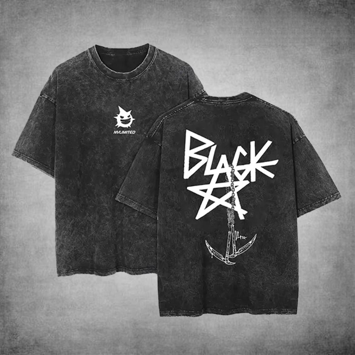 Blackstar X Chain Scythe Soul Eater Anime Oversized Cotton T-Shirt Vintage Washed Loose Fit Casual Tee Unisex Short Sleeve Streetwear Hip Hop Urban Retro Tops Soft Comfortable for Anime Fans