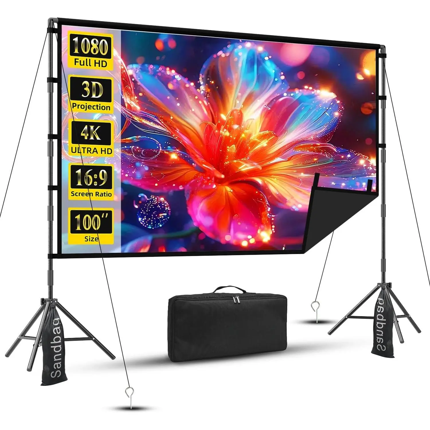 100 Inch Projector Screen with Stand, Extra- Large Iron Base  | Compact black-backed screen improves front-projection contrast; 25mm tripod packs for gaming, classrooms and patios.
