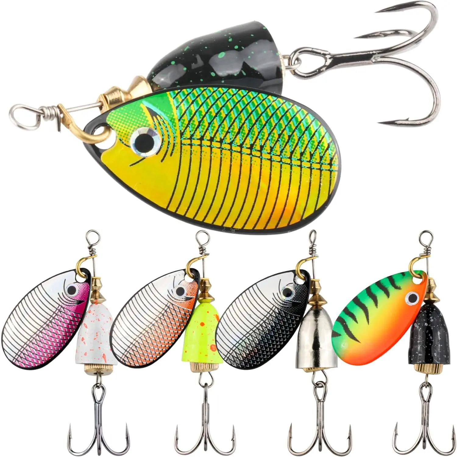 5-Color Pack Inline Spinner Bait Lures, Fish-Shaped with Composite Blades & 360° Spin, Freshwater/Saltwater Fishing Gear for Bass/Trout, Pike, Perch, 5 Colors Pack