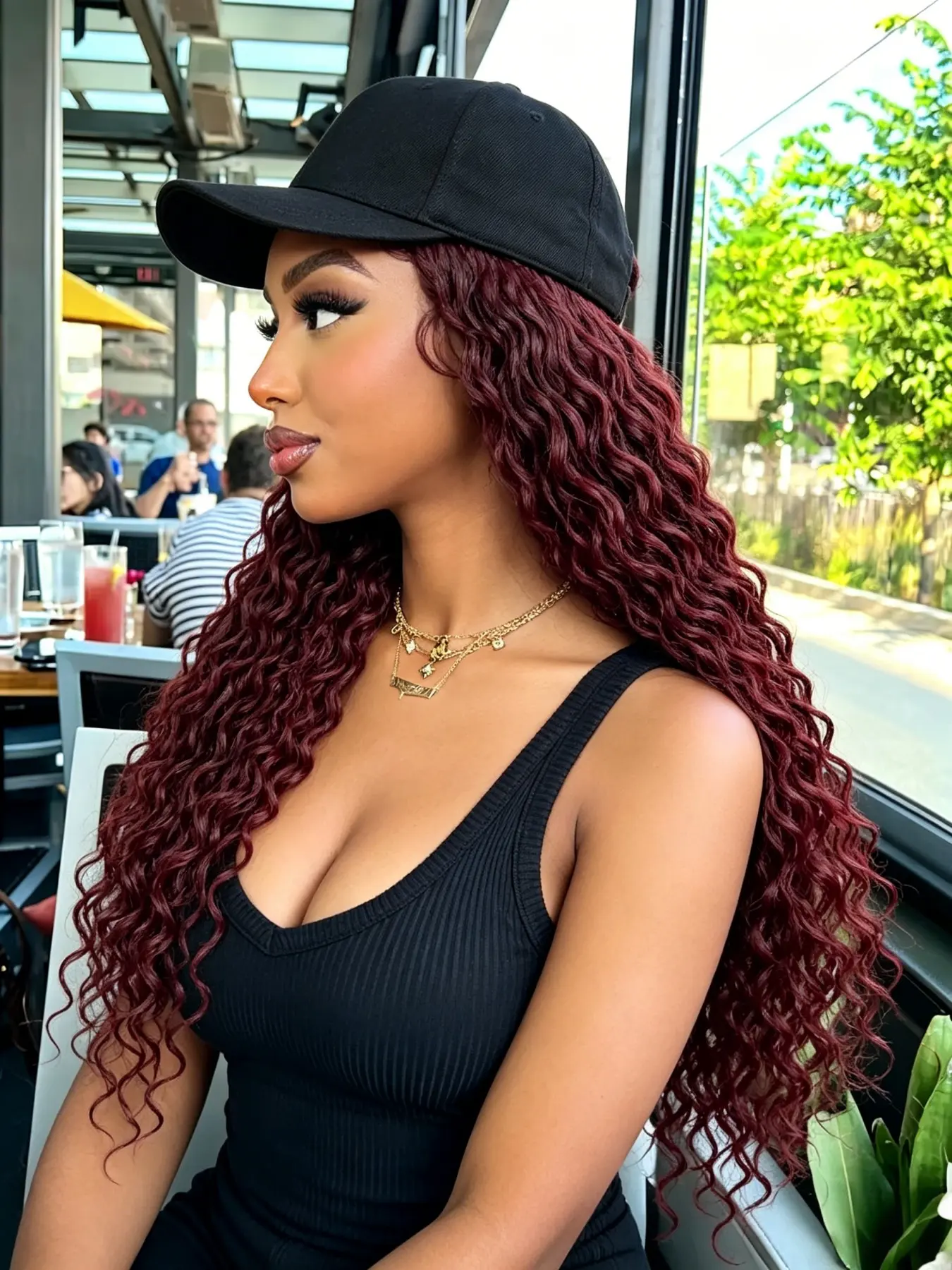 20 Inch Burgundy Baseball Cap Wig, Pre-Attached Passion Twist Braids, Curly Ends, Adjustable Cap Size, Ready to Wear
