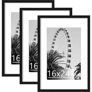 16x24 Frame Set of 3, Display Pictures 12x18 with Mat or 16 x 24 without Mat, Poster Frames for Vertical & Horizontal Wall  Display, Black