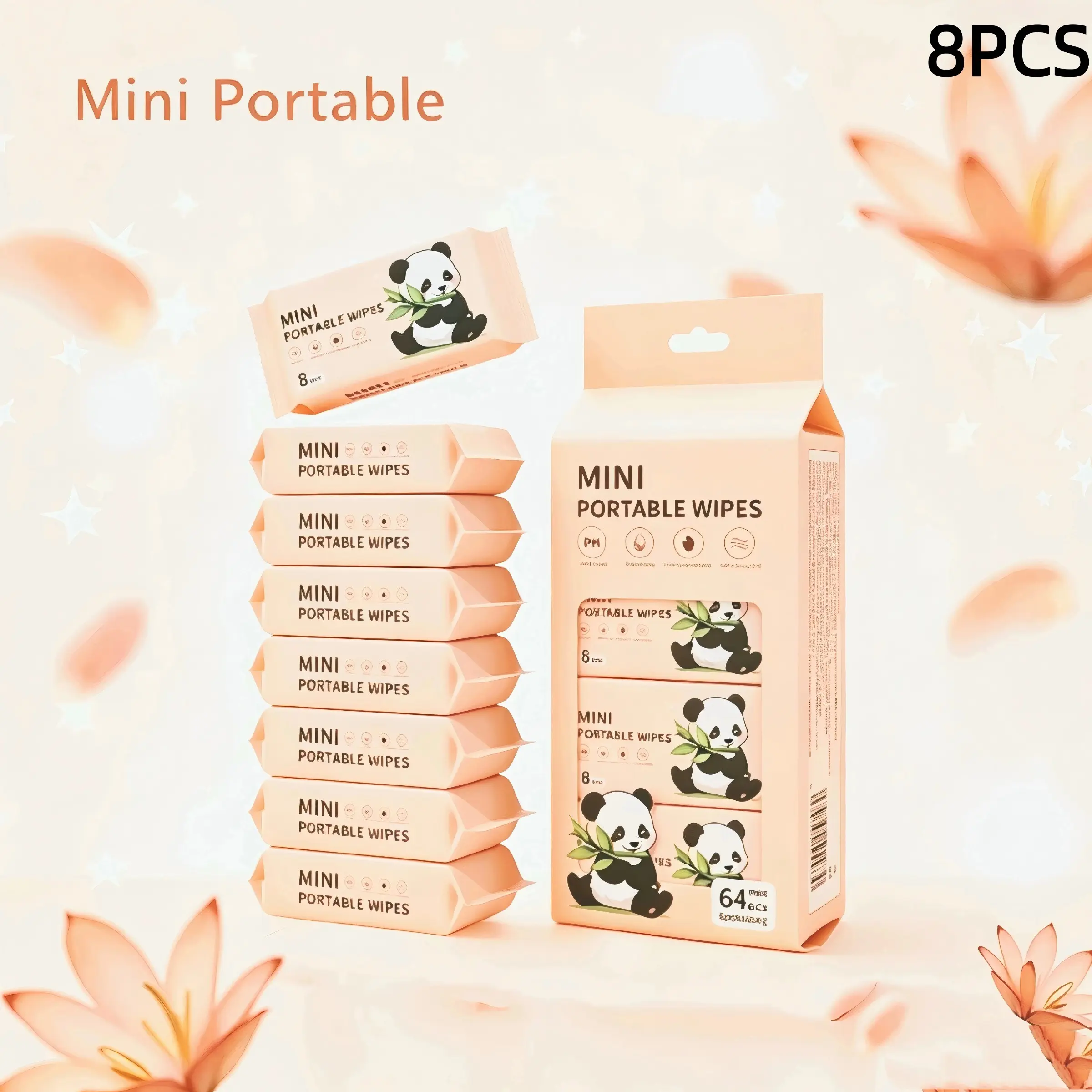 64-Pack Mini Portable Wet Wipes, Alcohol-Free Disposable Face Cloths, Neutral Travel Essentials, Unscented, Ideal for Outing and Pet Care