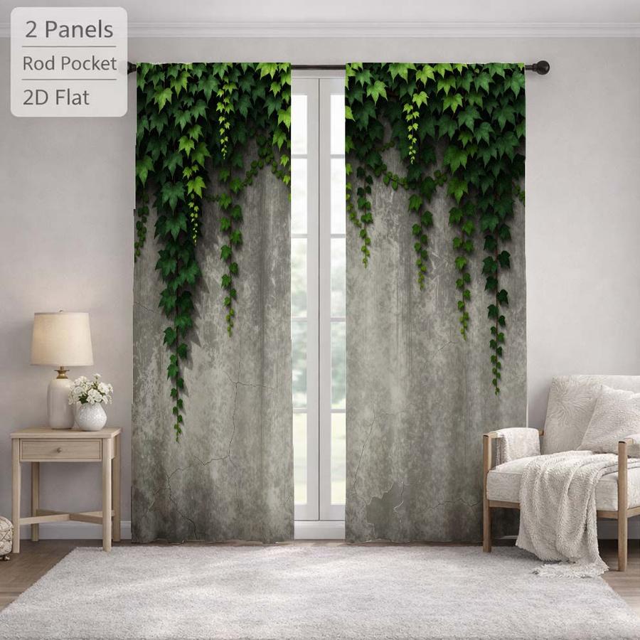2Pcs Rustic Green Vine Leaf Concrete Wall Pattern Sun Blocking Curtains Digital Printed Rod Pocket, Window Treatment For Bedroom Office Kitchen Living Room Study Home Decor