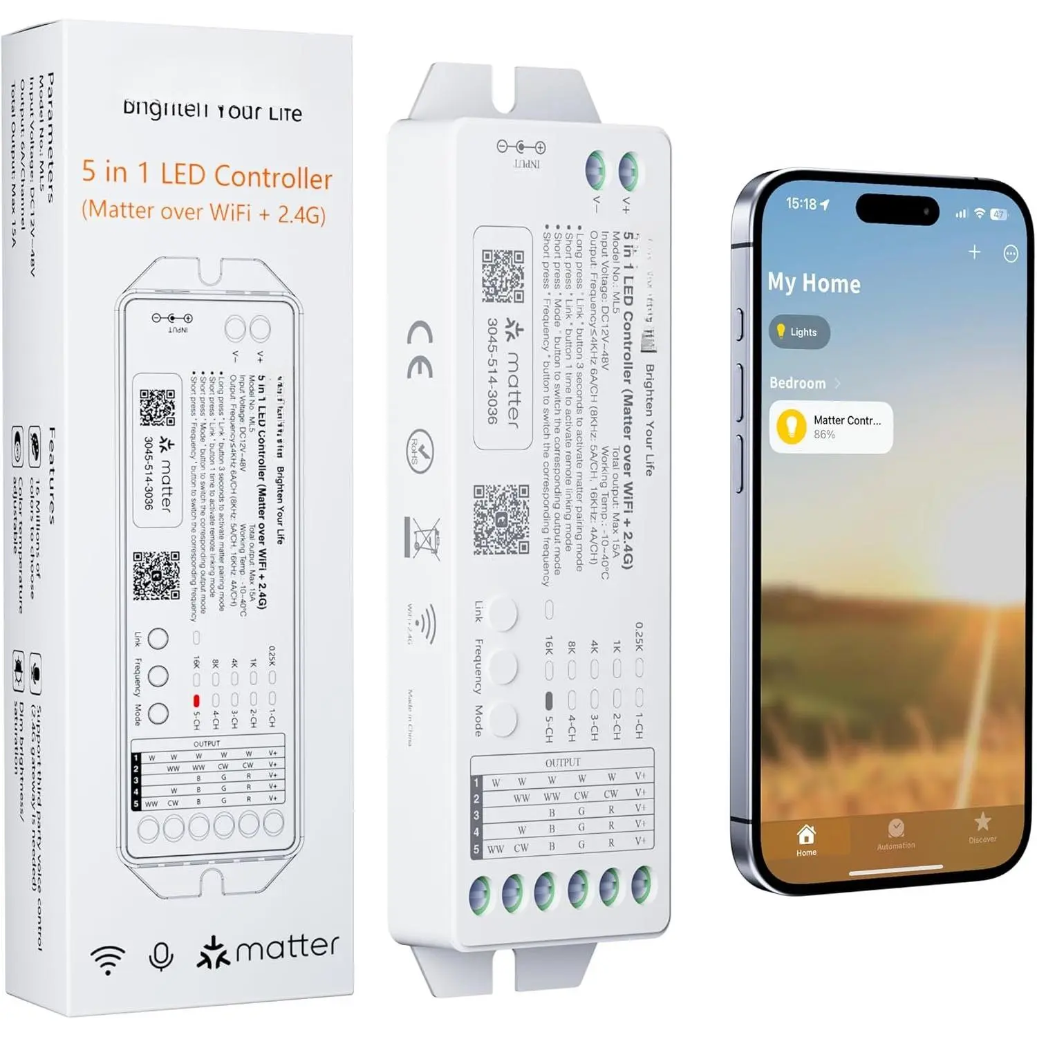 Matter WiFi LED Controller 5in1 ML5 Compatible with Tuya APP/Homekit/ Life/Alexa/ /, DC12-48V Dimmable Controller for Single Color/CCT/RGB/RGBW/RGBCCT LED Strip Lights