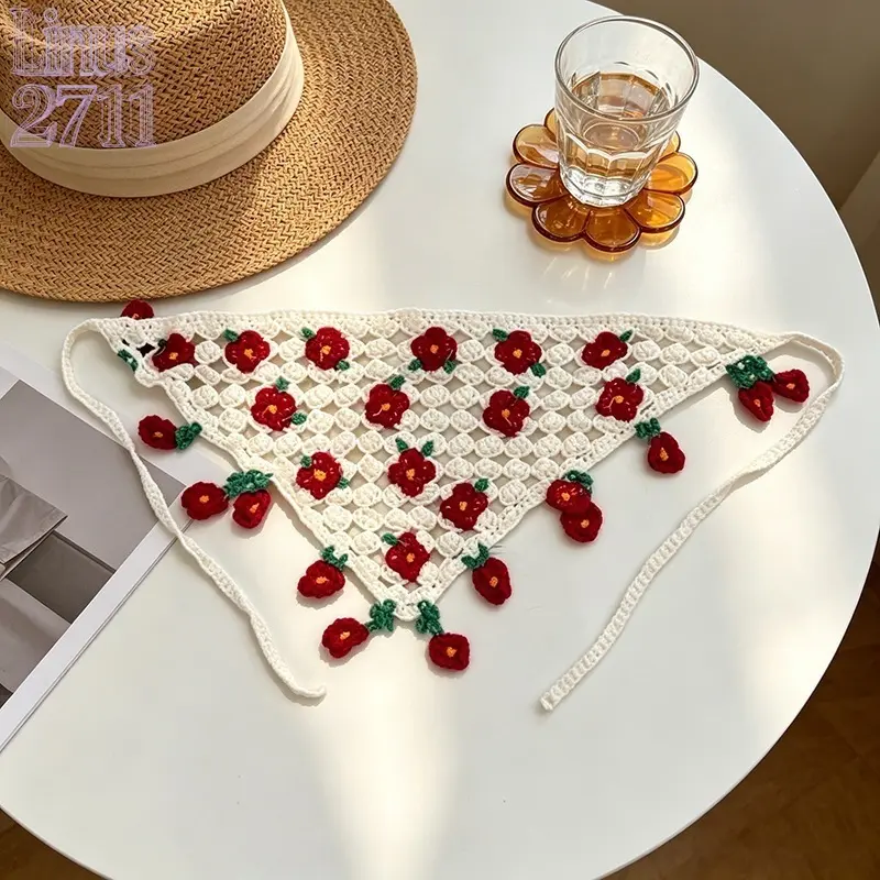 Hand Crochet Cherry Floral Triangle Bandana Hollow Knit Adjustable Tie Head Kerchief Cottagecore Women Summer Beach Travel Retro Countryside Fashion Accessory