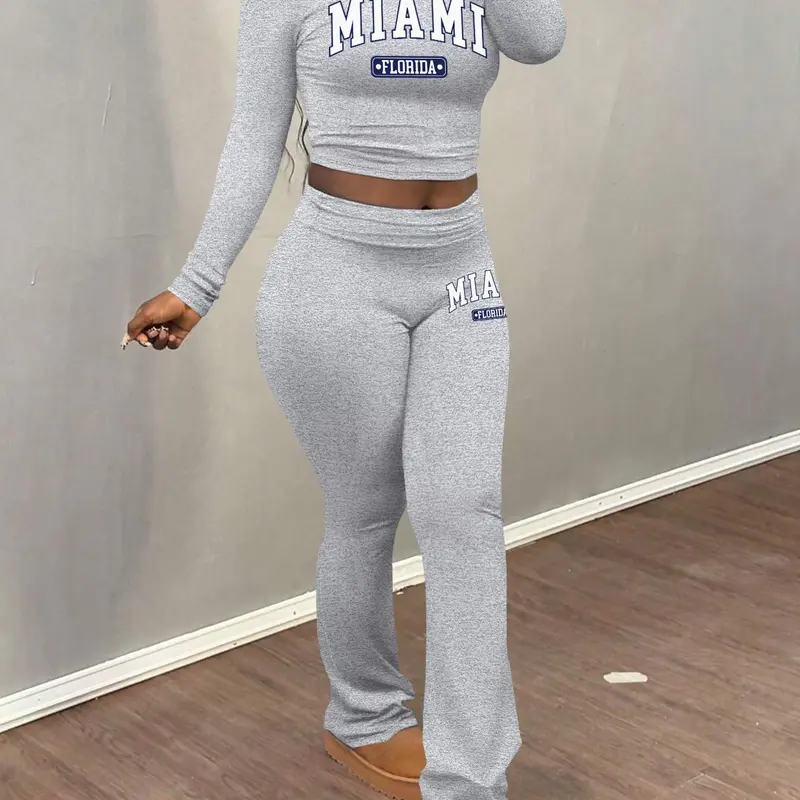 Women's Letter Print Crop Top & Flare Leg Pants Two-Piece Set, Casual Fashion Cozy Round Neck Long Sleeve Top & Bell Bottom Trousers for Daily Outdoor Wear, Women's Clothing for Fall & Winter