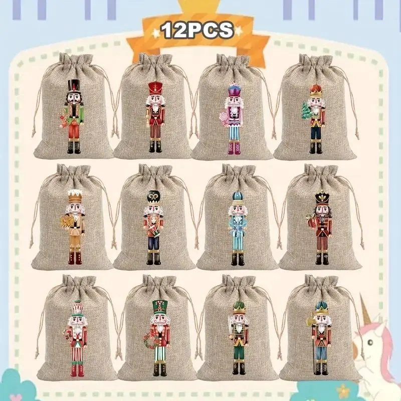 12pcs Christmas Linen Gift Bags with Drawstring, Unique Nutcracker Designs, Small Holiday Party Favor Bags for Jewelry, Treats & Decorations
