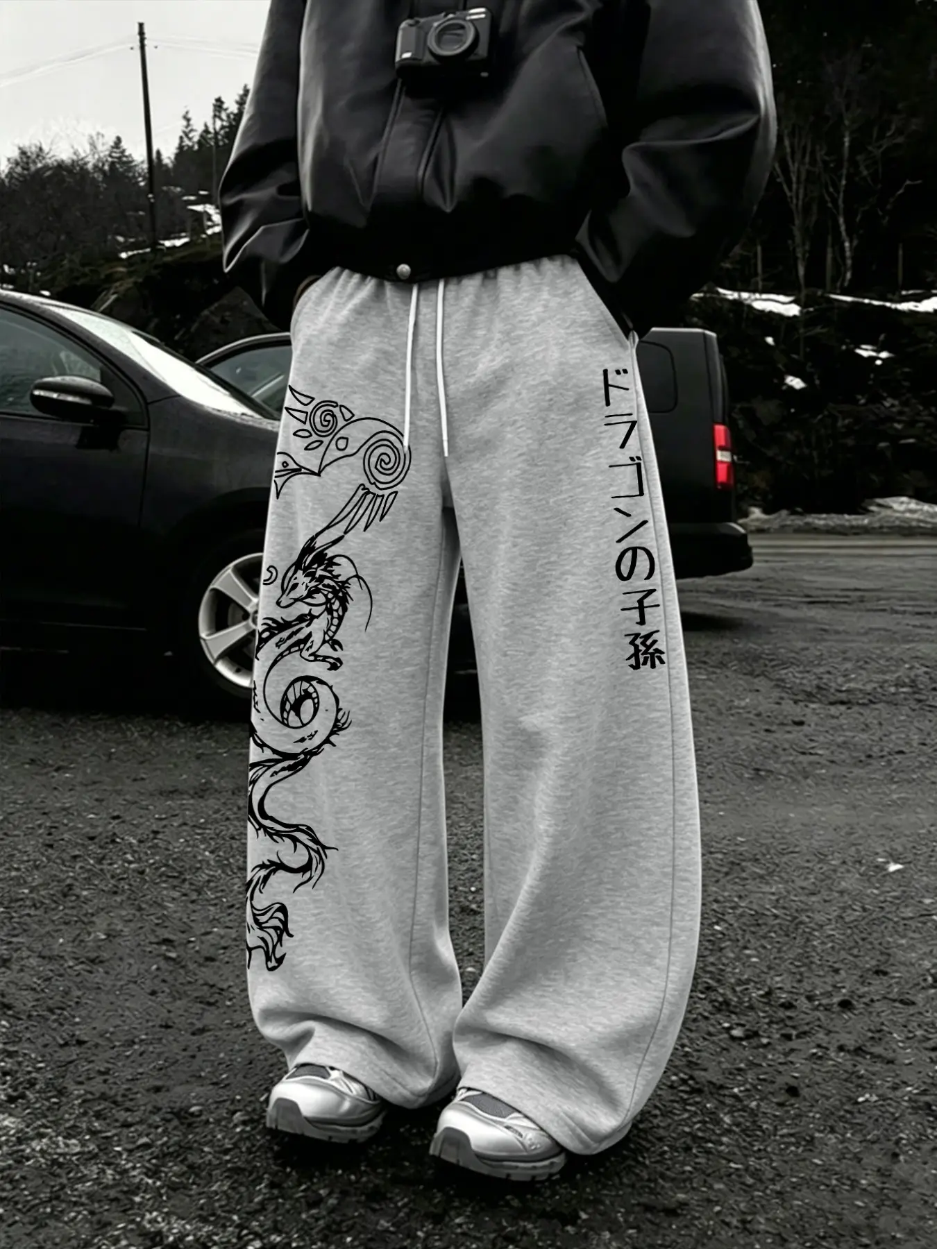 Men's Straight Leg Sweatpants with Dragon Print, Drawstring Waist, Loose-Fit, Street Style, Streetwear, All Seasons, Fashion Long Pants