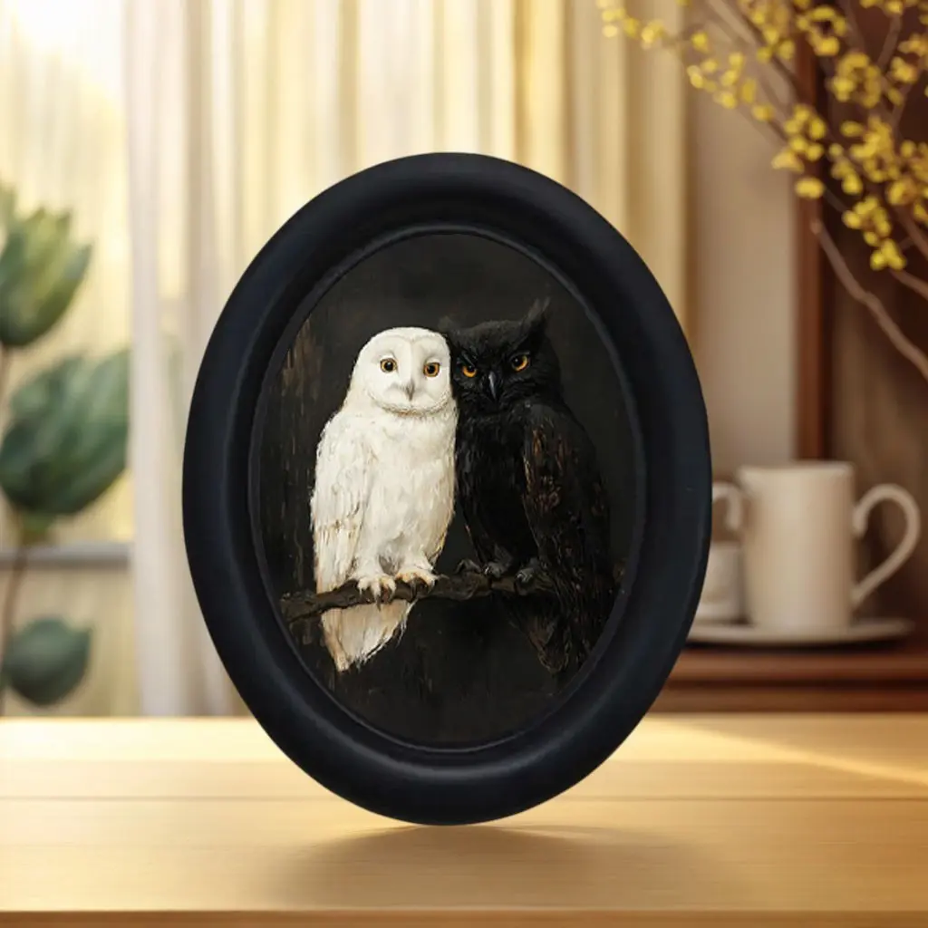 Vintage Oval Frame and Owl Wall Art, Artwork for Walls, Dark Gothic Style, Perfect for Halloween, Christmas, Thanksgiving, Home Office Decor