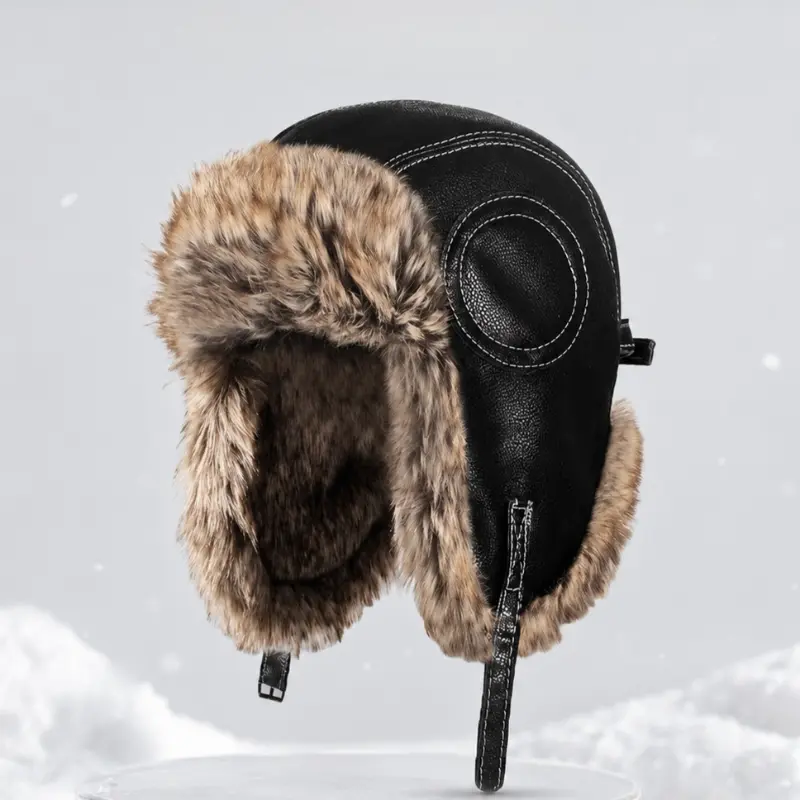 1pc Men's Thick Faux Leather Trapper Hat with Faux Fur Trim - Windproof & Ear-Flap Design for Snowy Weather, Ideal Gift for Him, Winter Hat