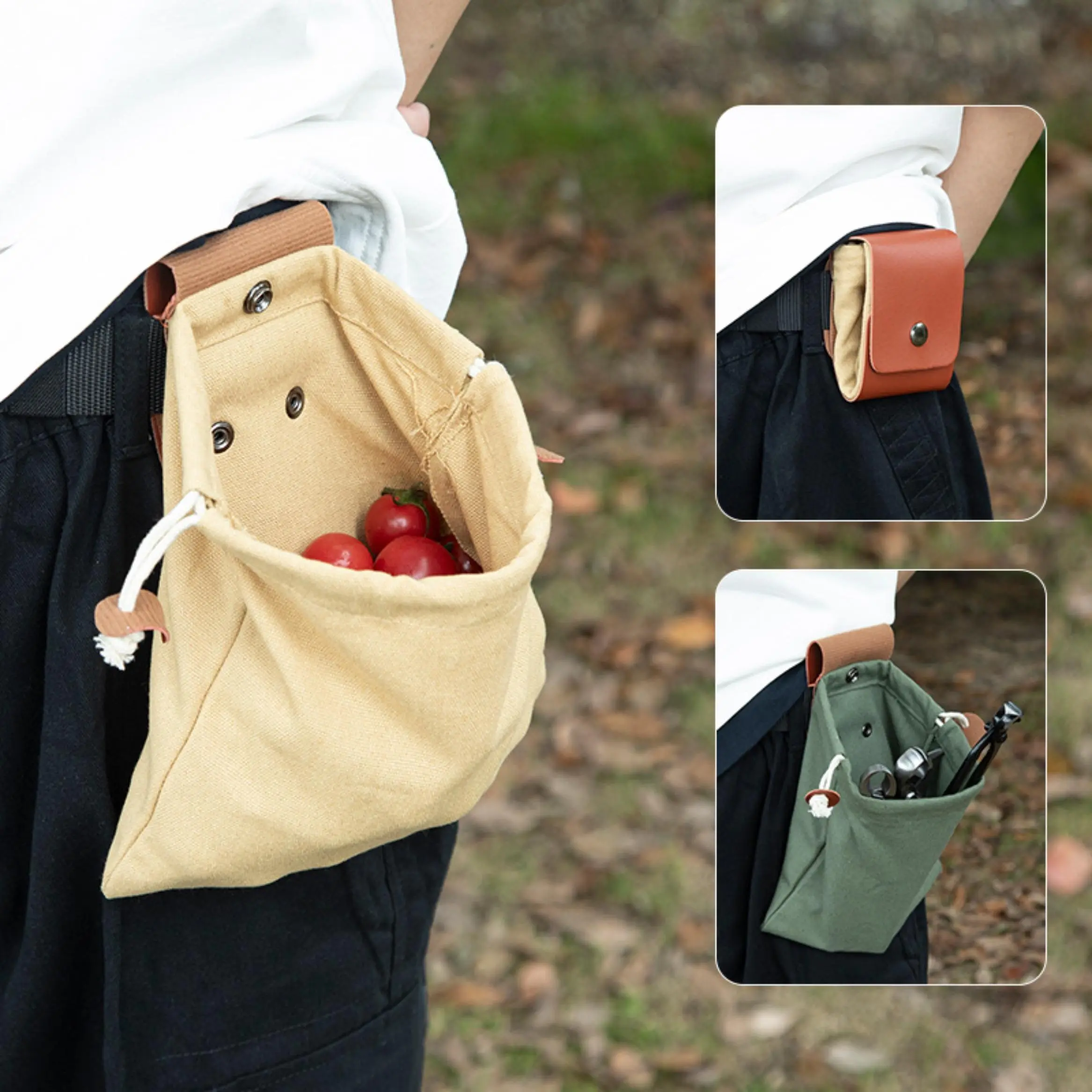 Outdoor Foraging Drawstring Bag - Waist-Mounted Foldable Canvas Short Bag with Adjustable Belt, Fruit Picking Pouch, Tool Storage Pack
