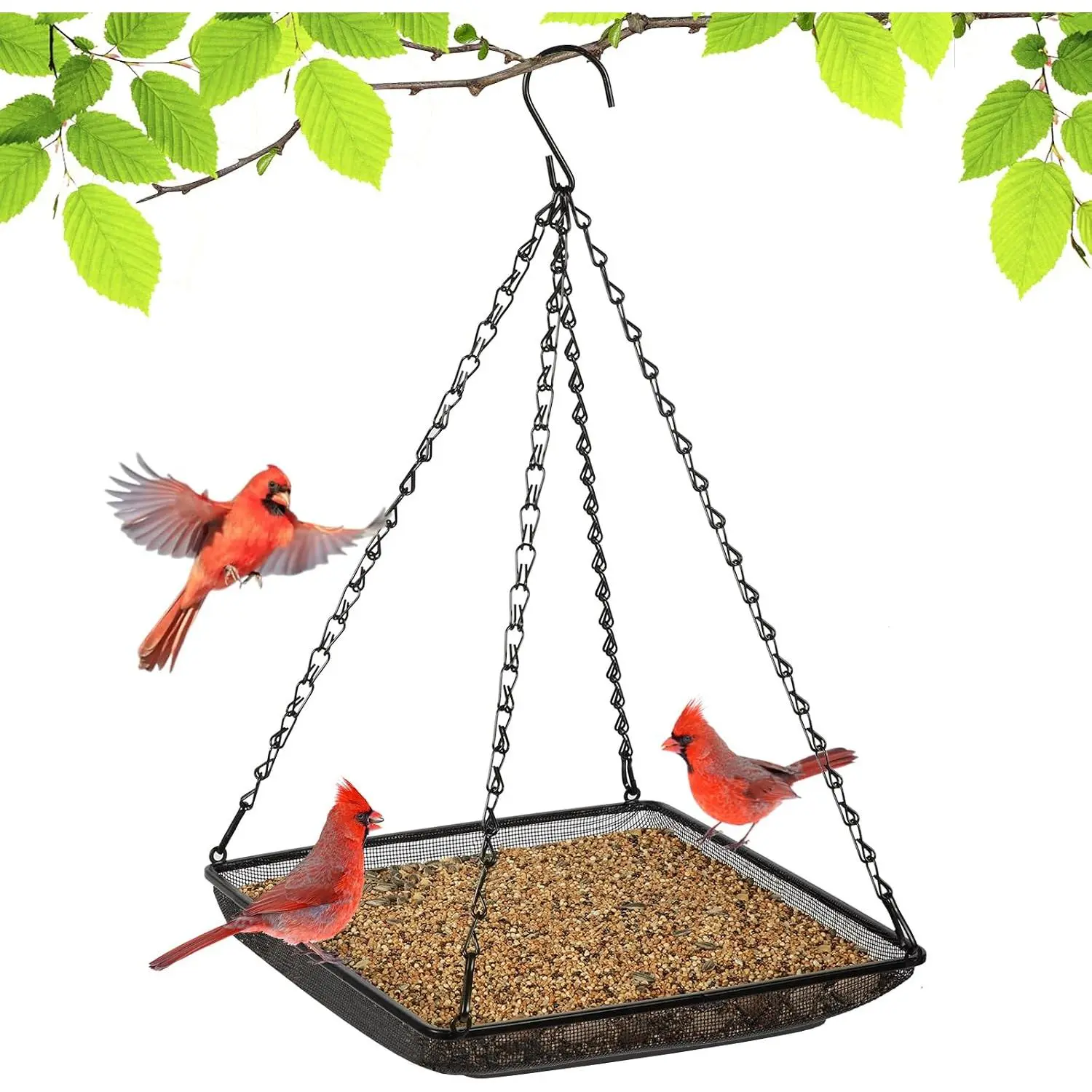 Hanging Bird Feeder Tray 11x11 Inches, Metal Mesh Platform Seed Feeder with Durable Chains for Outdoors Outside Great for Attracting Wild Birds, 1 Pack