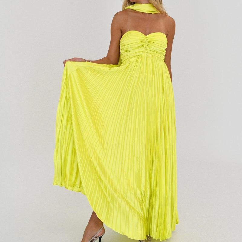 Women Long Dress Solid Color Pleated Tube Dress Summer Fashion Backless Casual Strapless Dress with Choker Scarf Light Polyester