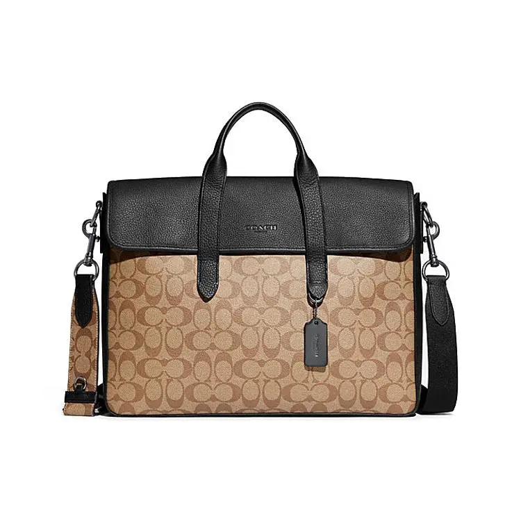 COACH Sullivan 39 Top-Handle Tote Bag for Men – Classic Monogram Coated Canvas with Pebbled Leather, Brown and Black