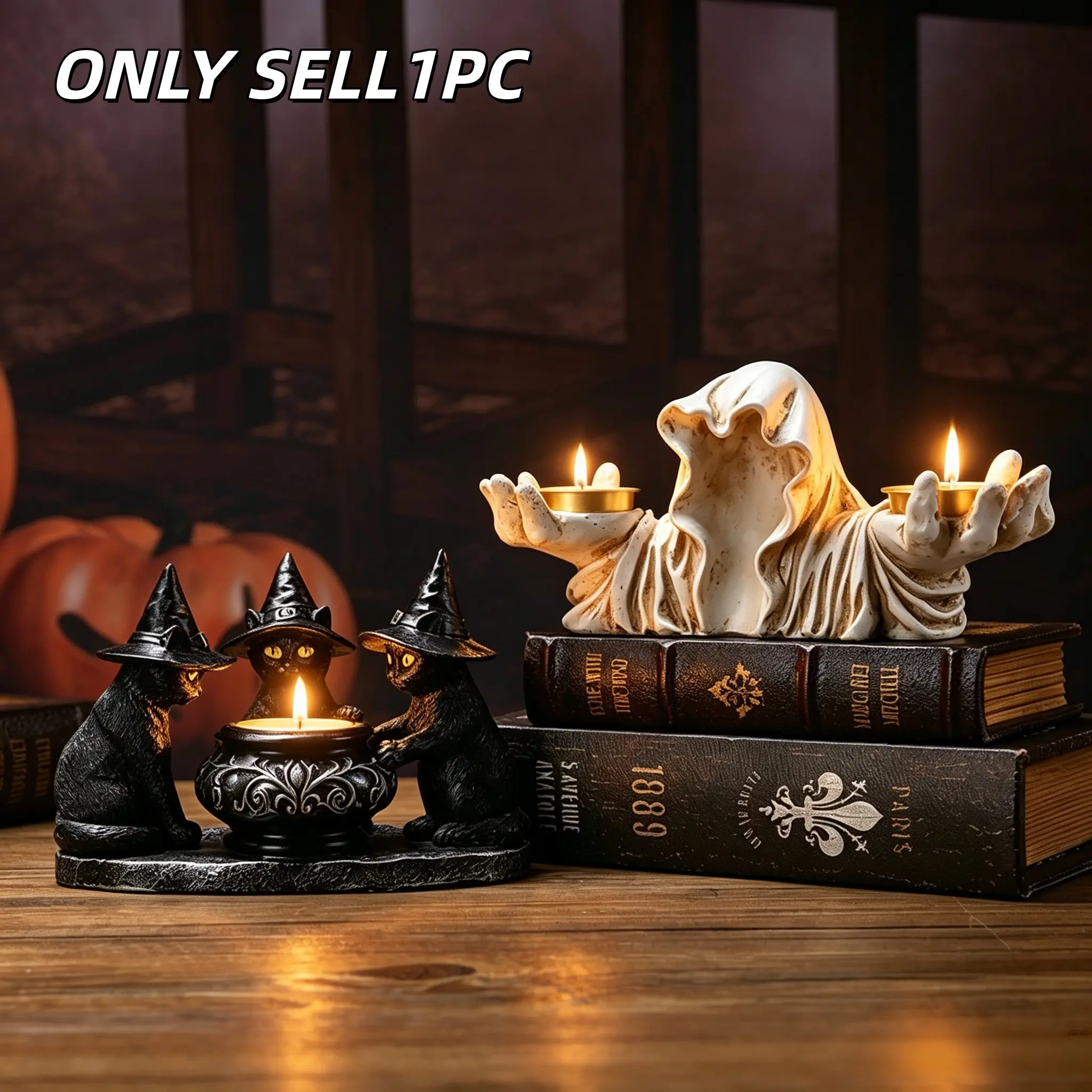 1PC Halloween Candlestick, Faceless Ghost & Witch Black Cat Tealight Holder, Gothic Tabletop Home Decor