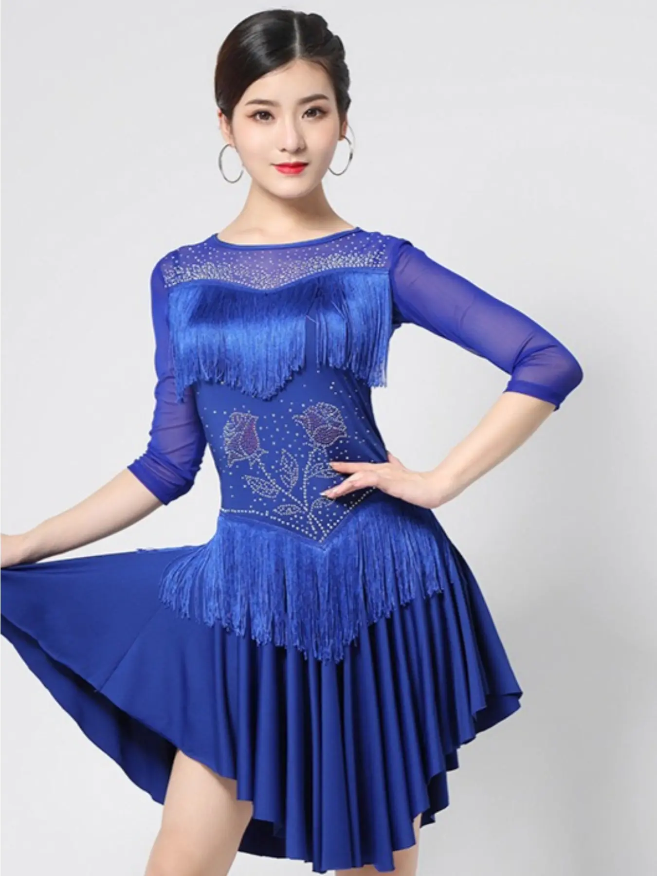 Rose Hot Drilling Latin Dance Dress Group Stage Performance Sexy Costume Dress Dance Clothing