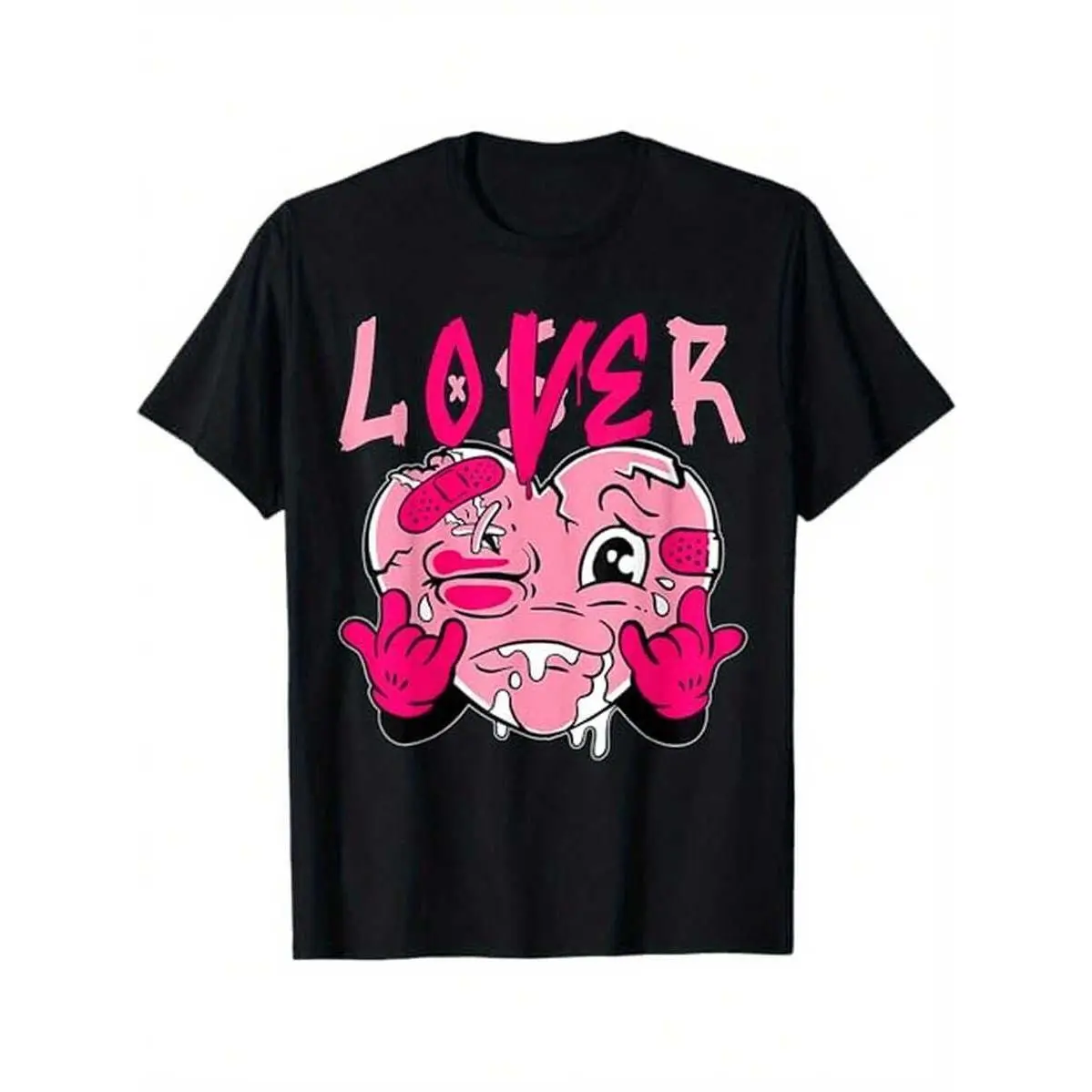 "Lover" Pink Drip Heart Graphic Tee - 100%, Soft & Breathable, Casual Round Neck T-Shirt, Perfect For Couples & Friends, Black, Sizes S-XXXL
