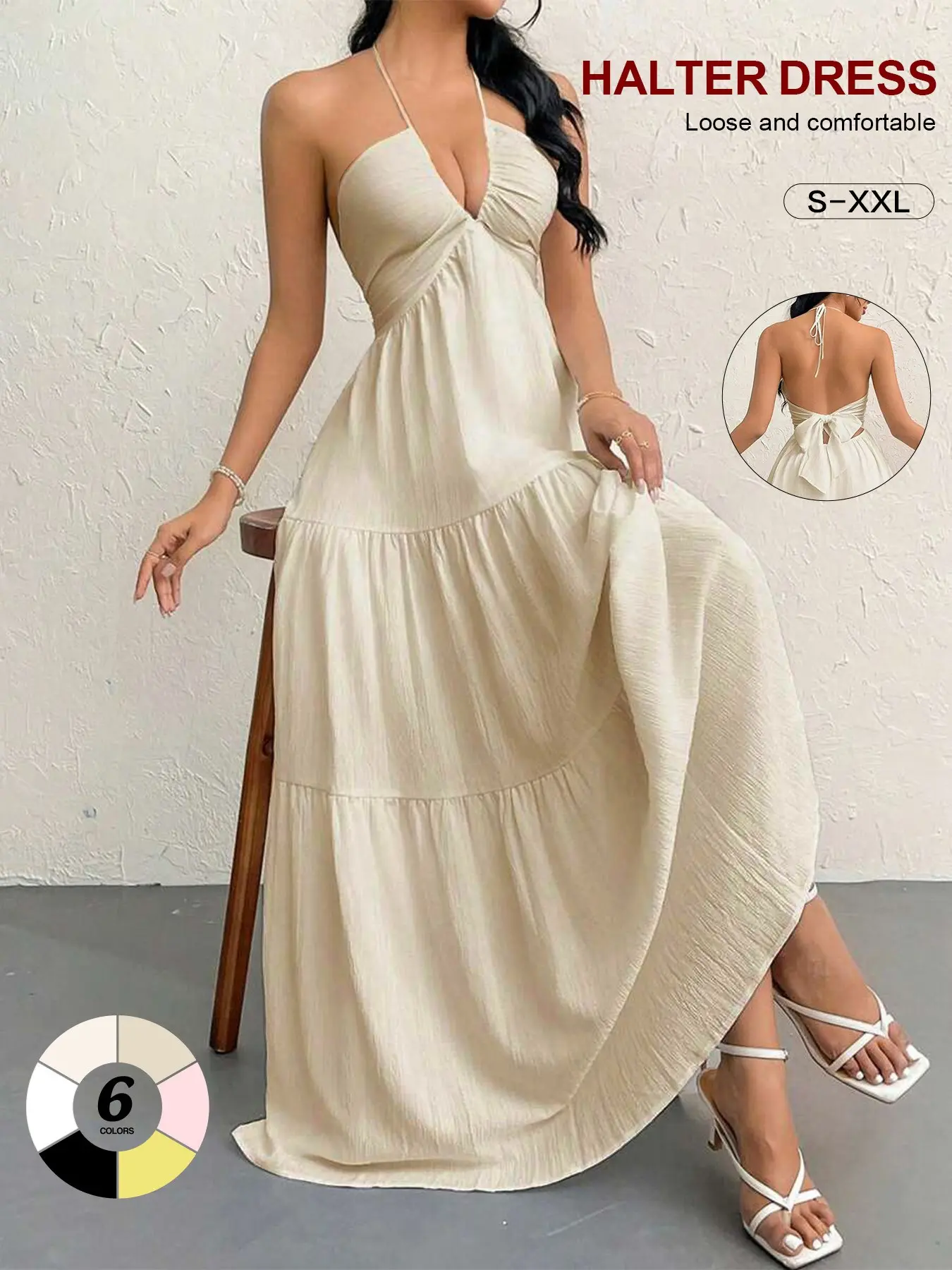Trendy Halter Maxi Dress with Back Bow: Deep V-Neck Tiered Skirt | Versatile Summer Outfit for Beach, City Walks & Parties