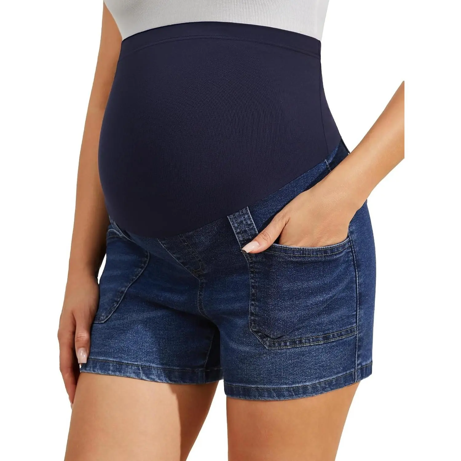 Maternity Denim Shorts Over The Belly Pregnancy Jean Shorts with Deep Pockets, High Waist Stretch Summer Denim, S-XXL