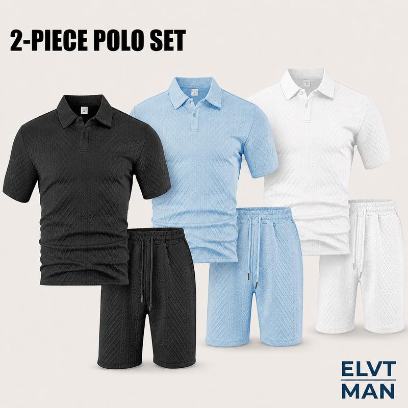 Men’s 2-Piece Textured Knit Polyester Fitted Casual Polo Set - Menswear Matched Top & Shorts, Adjust-Fit Drawstring Waist Patterned Shorts, Summer Vacation Wear, Light Blue, Adjust-Fit Shorts