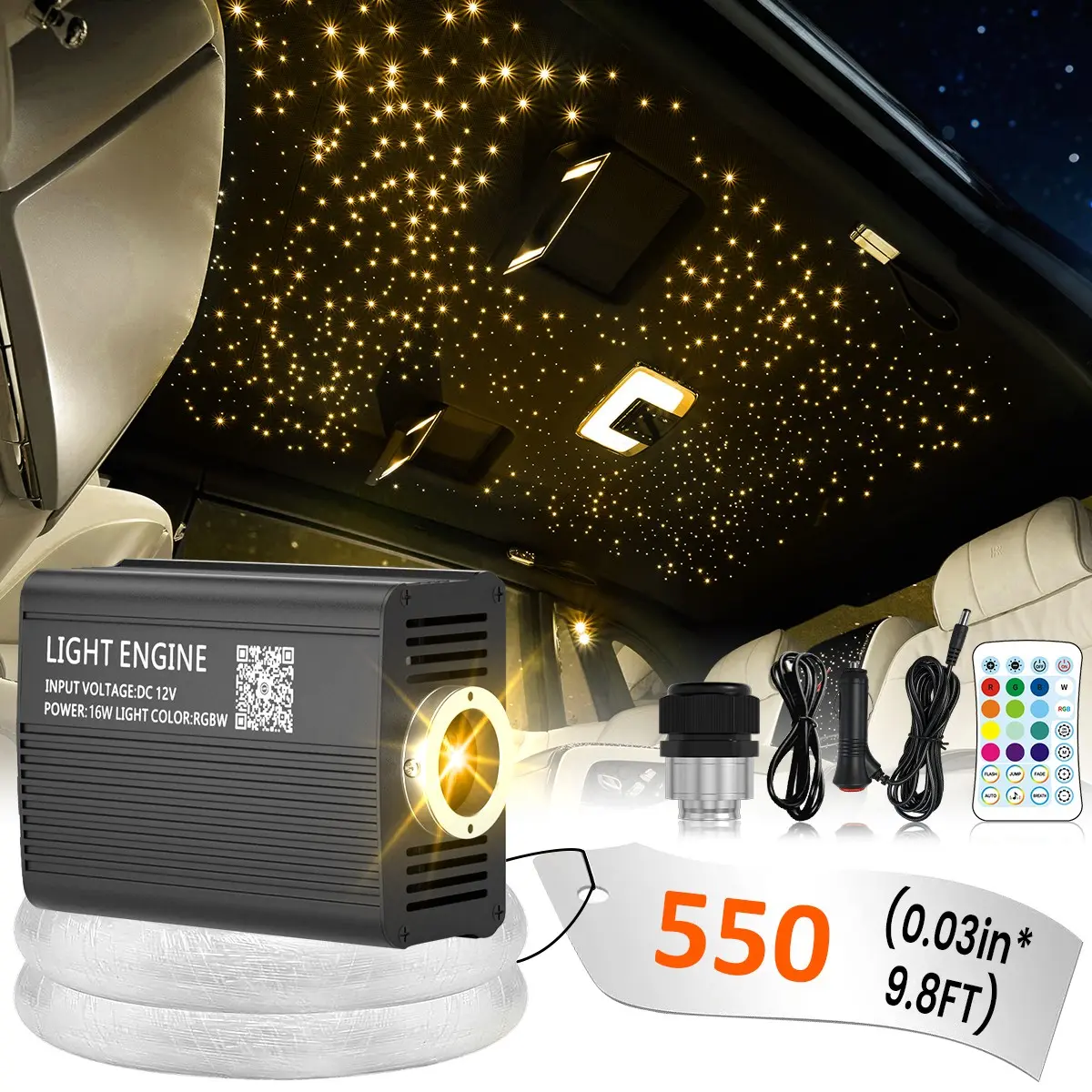 550pcs 9.8FT Twinkle Fiber Optic Star Light Headliner Kit Starry Sky Galaxy Lamp Car Roof Ceiling Ambient Light Auto Interior Mod Bedroom Atmosphere Decor Lighting