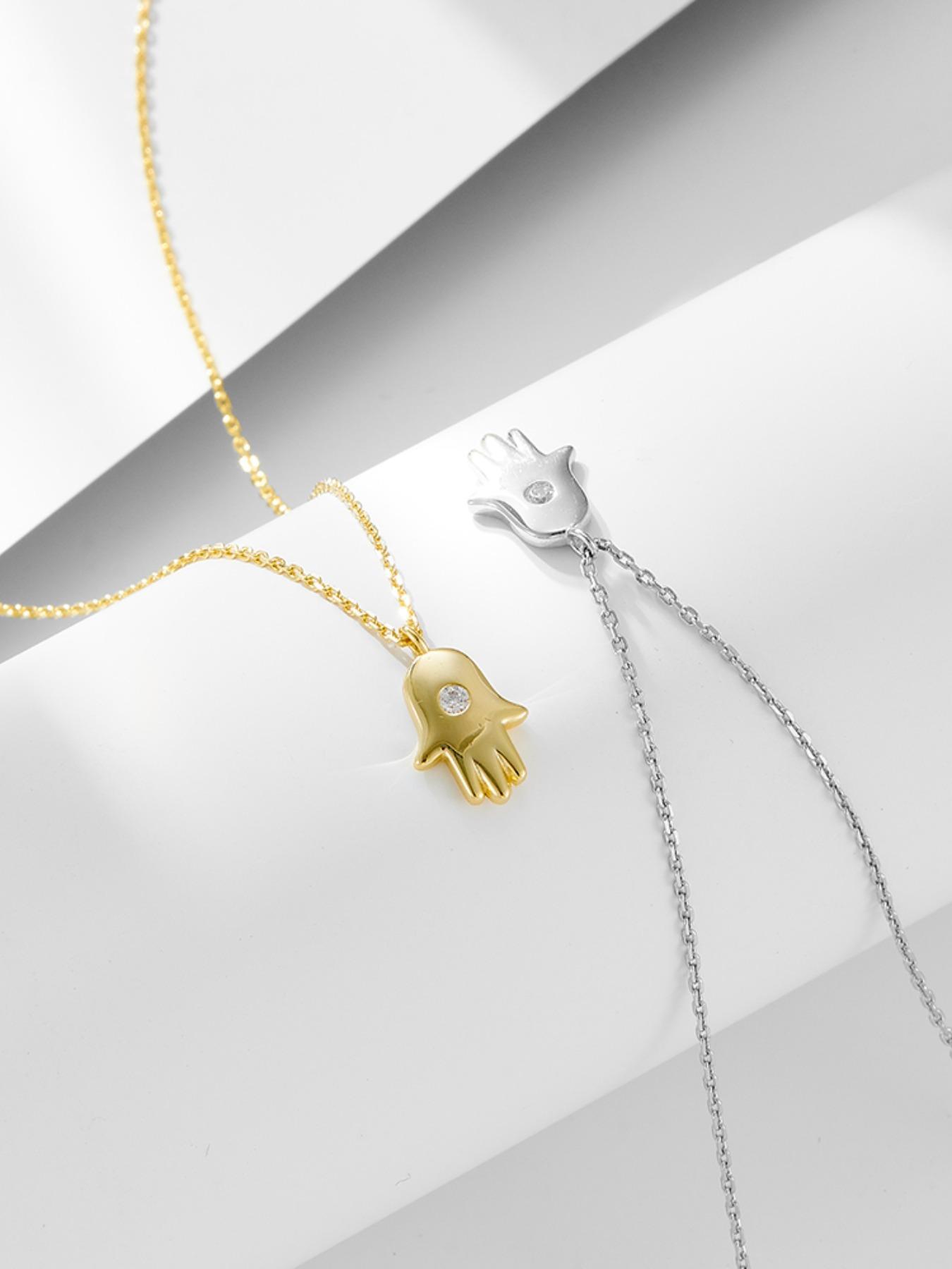 925 Sterling Silver Hamsa Hand Design Pendant Necklace, Rhinestone Decor Fashion Jewelry for Party, Daily Decor, Trendy All-match & Exquisite Jewelry for Birthday Gift