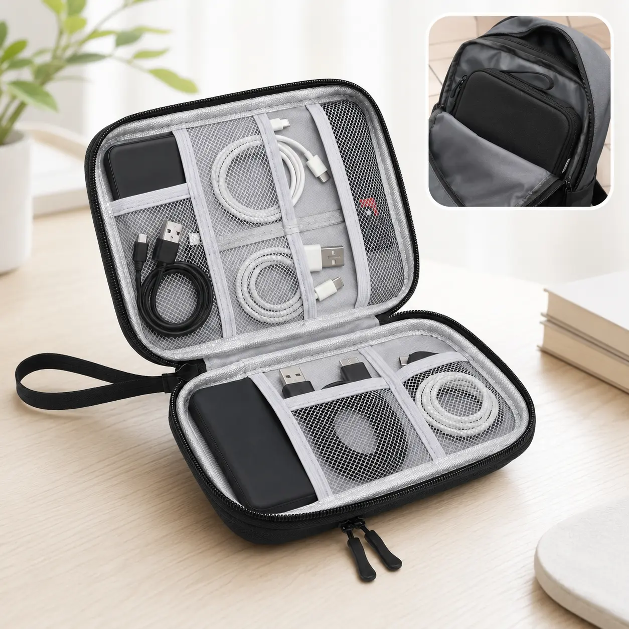 uble Layer Electronics Organizer Travel Case, Water-Resistant Cable Storage Bag with Mesh Pockets, Portable Tech Accessories Pouch for Chargers, Cords, Power Bank, USB Drives, Black