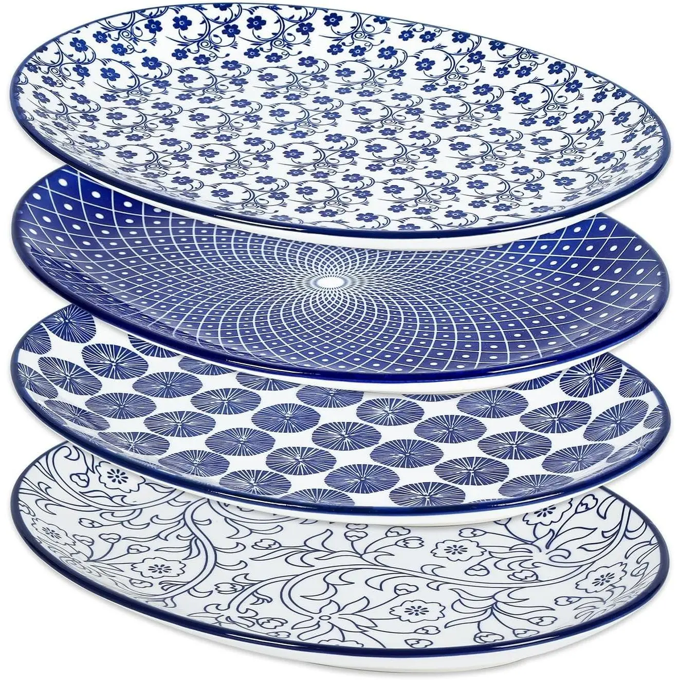 Serving Platter, 14 Inch Large Serving Dishes for Entertaining, Oval Ceramic Serving Trays for Party, Steak, Cake, Dinner, Fruit, Oven Safe, Microwave Safe, Set of 4, Vintage Blue