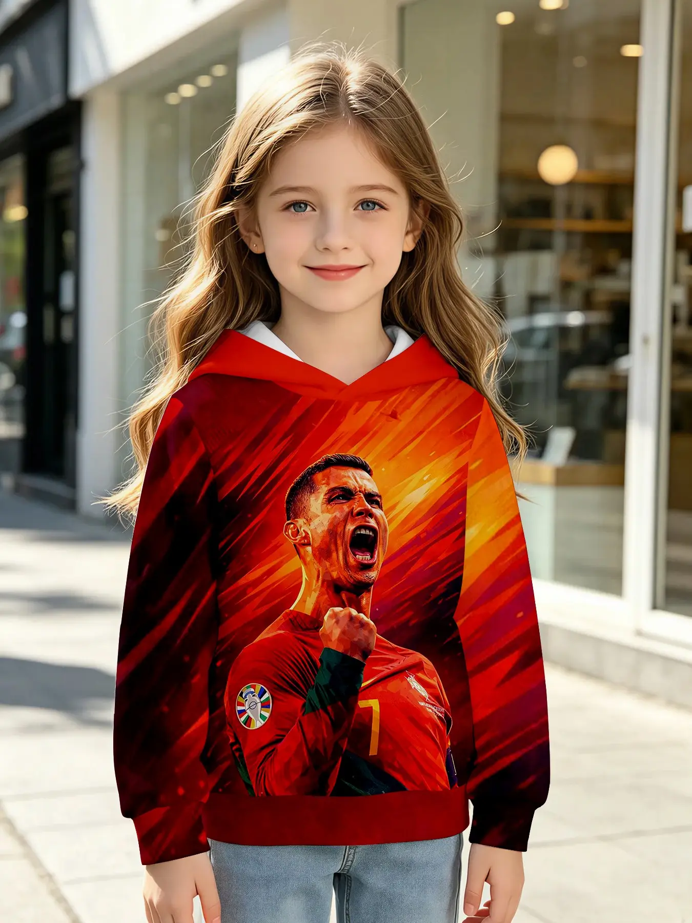 Football Hoodie, Portugal 7 Ronaldo Celebration Portrait, Gradient, Digital Print, Long Sleeve, Casual Fall Winter