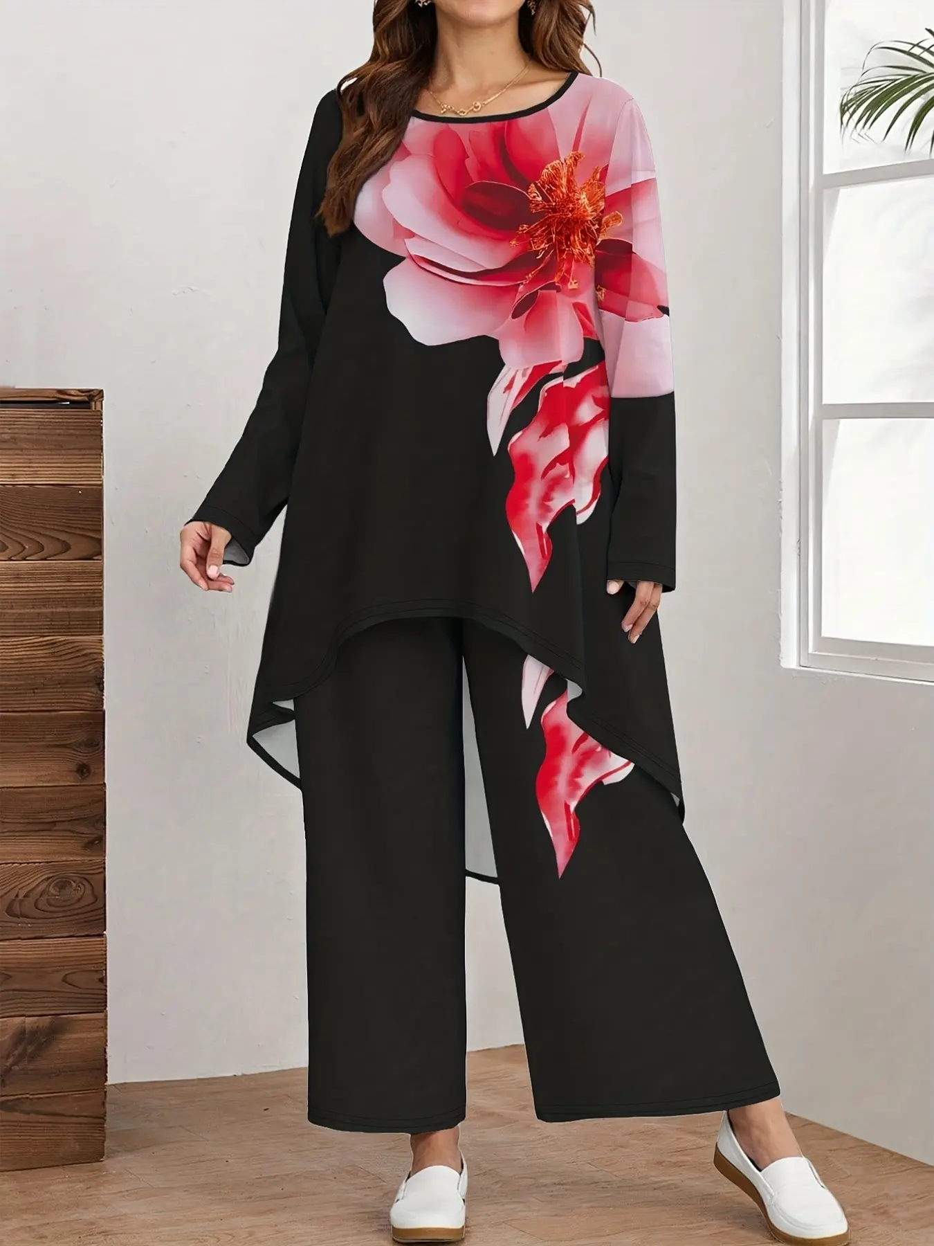 Vintage Floral Print Two-Piece Set, Loose Irregular Hem Long Sleeve Top & Wide-Leg Pants Set, Casual Comfortable Co-Ord Set, Women's Fashion Outfit, Statement