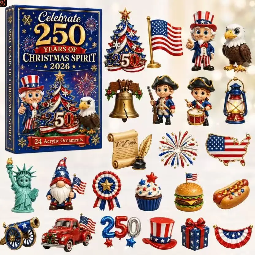 2026 250 Years of American Spirit Advent Calendar, 24‑Piece Acrylic Christmas Tree Ornament Set, Holiday Countdown Calendar Gift for Home Christmas Decor,American-themed holiday countdown gifts, Christmas trees and home decorations