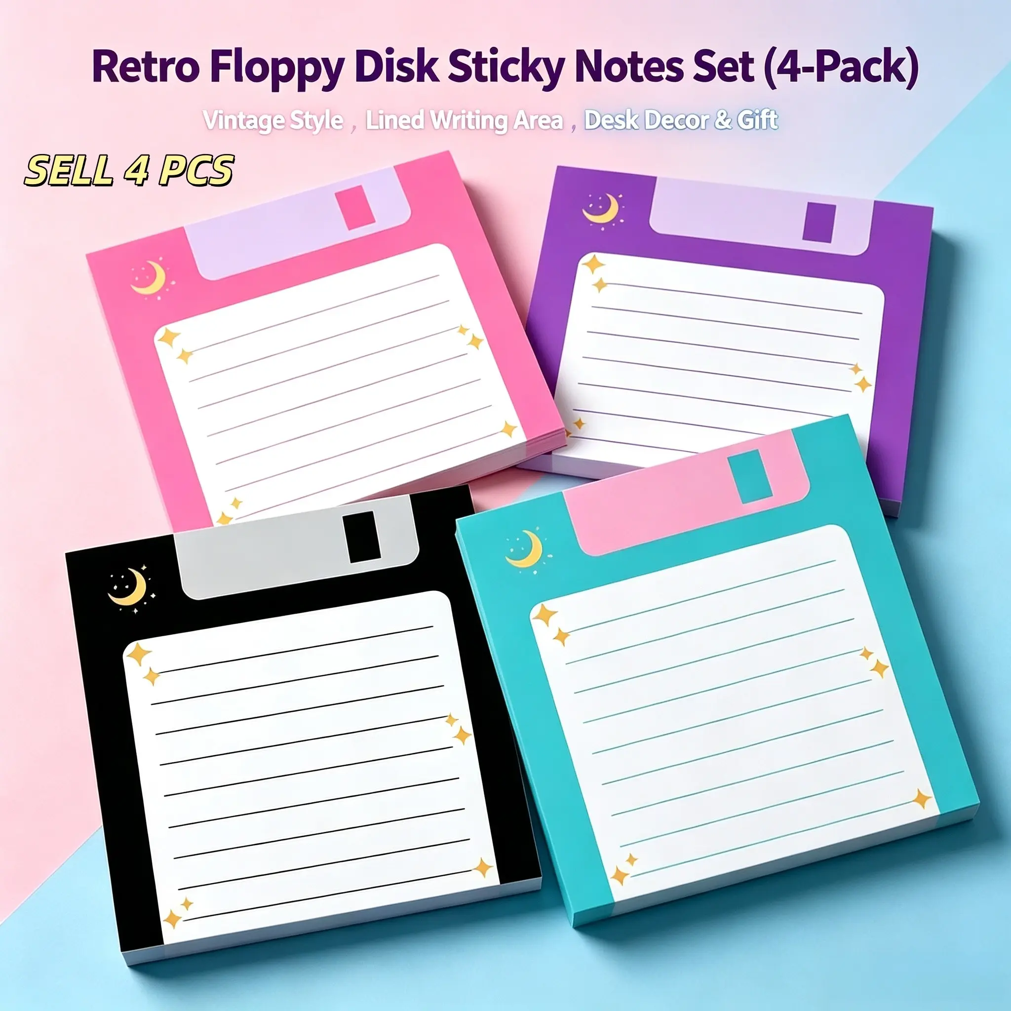4Pcs Retro Floppy Disk Note Set, Total 200 Sheets, 3x3 Inch Celestial Moon Lined Notepads, Writing Memo Pads, Aesthetic Journal Supplies, Home Office Desk Decor, Unique Gift for Colleagues