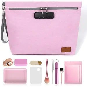 Pink Medium Size Travel Smell Bag with 10 PCS Small Accessories,-Resistant Cosmetic with Combination Lock, Organizers Case, Great Gift for.
