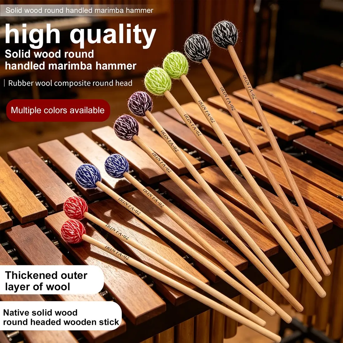 Irin Fa-02 Marimba Mallet, Solid Oak Handle, Dual-Layer Soft Wool Rubber Head, Durable, Portable, Ideal for Music Class, Concerts, Collection