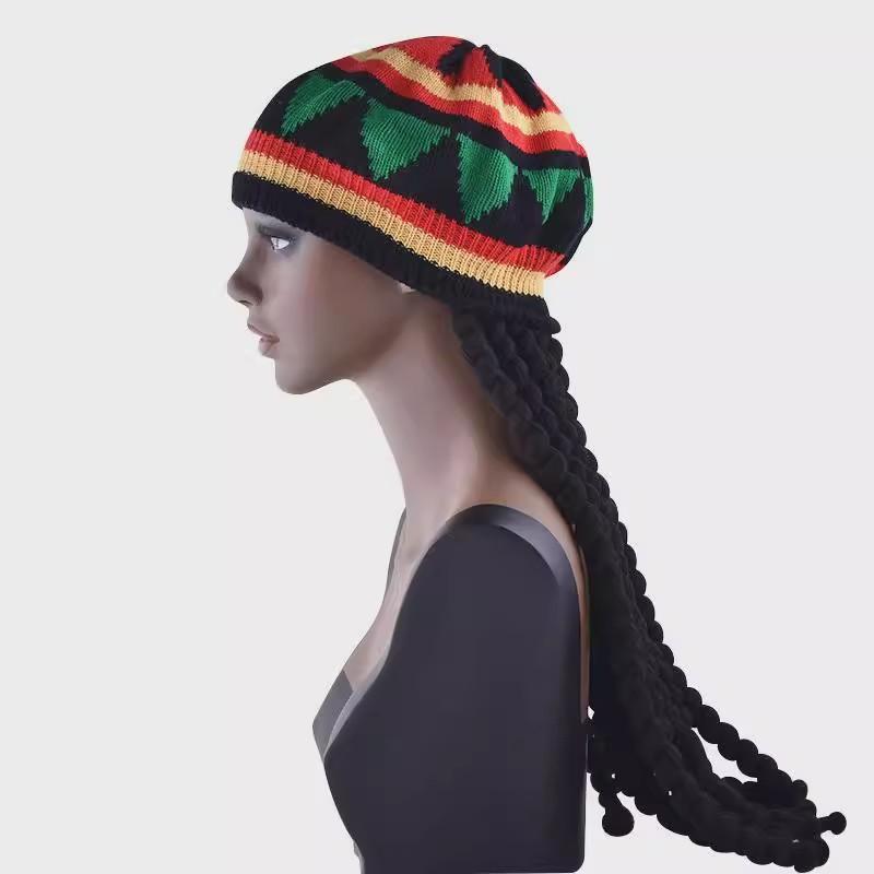 Jamaican Dreadlocks Hat Colorful Knit Beret with Rainbow Braids Reggae Style Wool Wig for Halloween Costume Accessories Boho Festival Knit Hat for Women Men