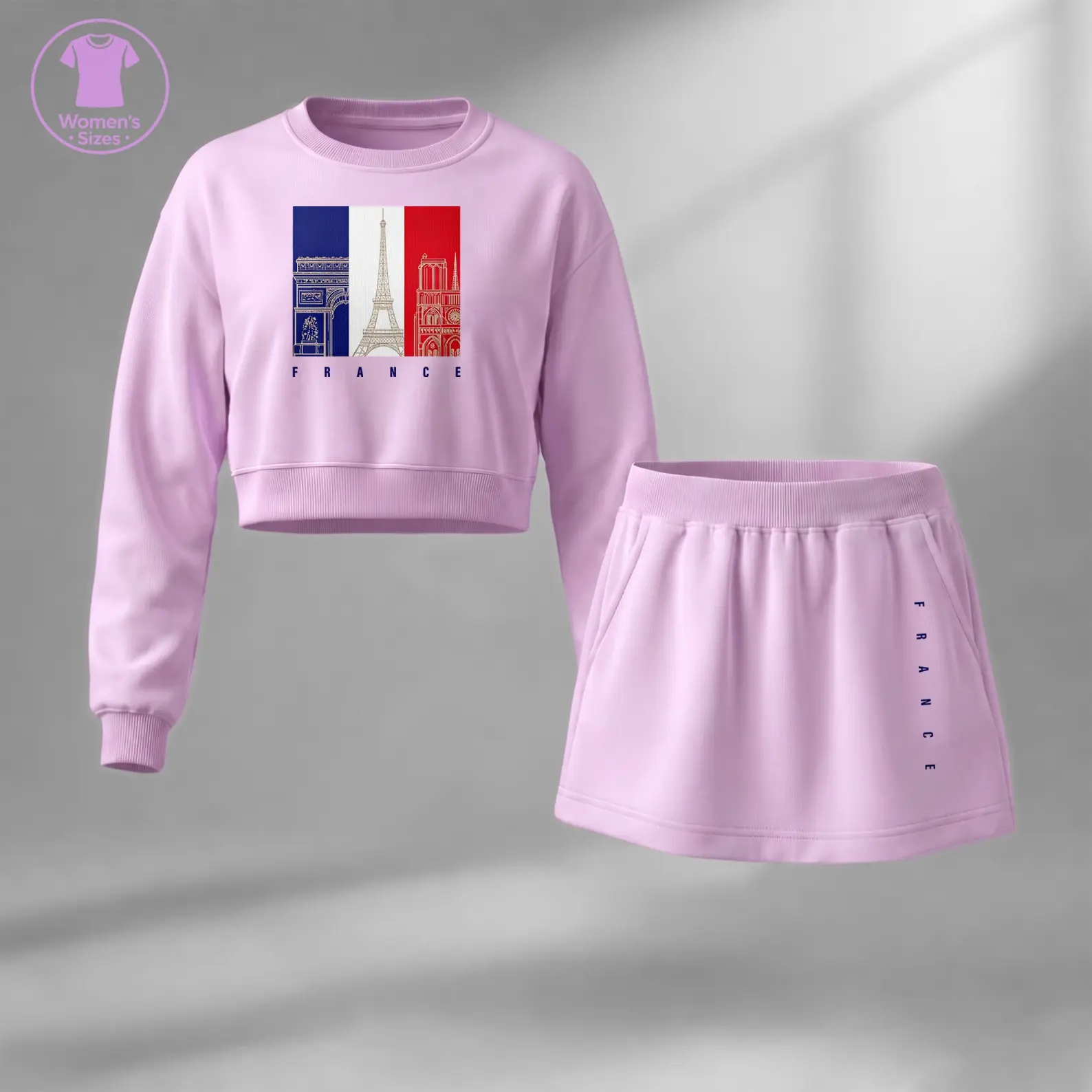 Women’s France Graphic Cropped Sweatshirt Skirt Set, Paris Inspired Two Piece Outfit Featuring Eiffel Tower Print and French City Design, Stylish Long Sleeve Crop Top with Matching Mini Skirt for Fall Fashion, Casual Streetwear and Everyday Looks