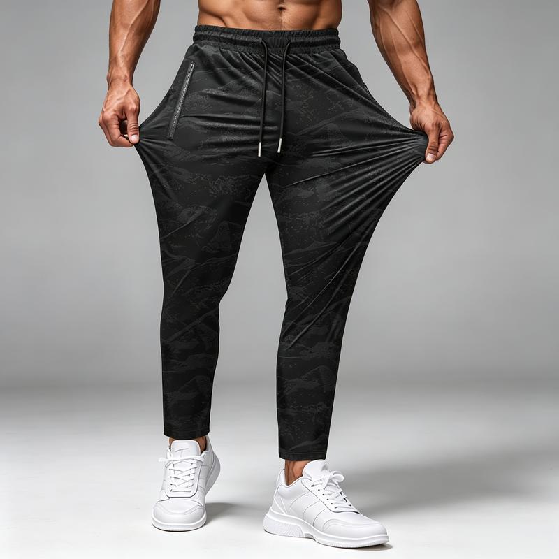 Men's Stretch Camouflage Nylon Sports Joggers - Thin, Breathable, Straight Leg Male Clothing with Zippered Pockets, Cold Wash Fit, Ideal for Outdoor Runs, Outdoor Activities Gear