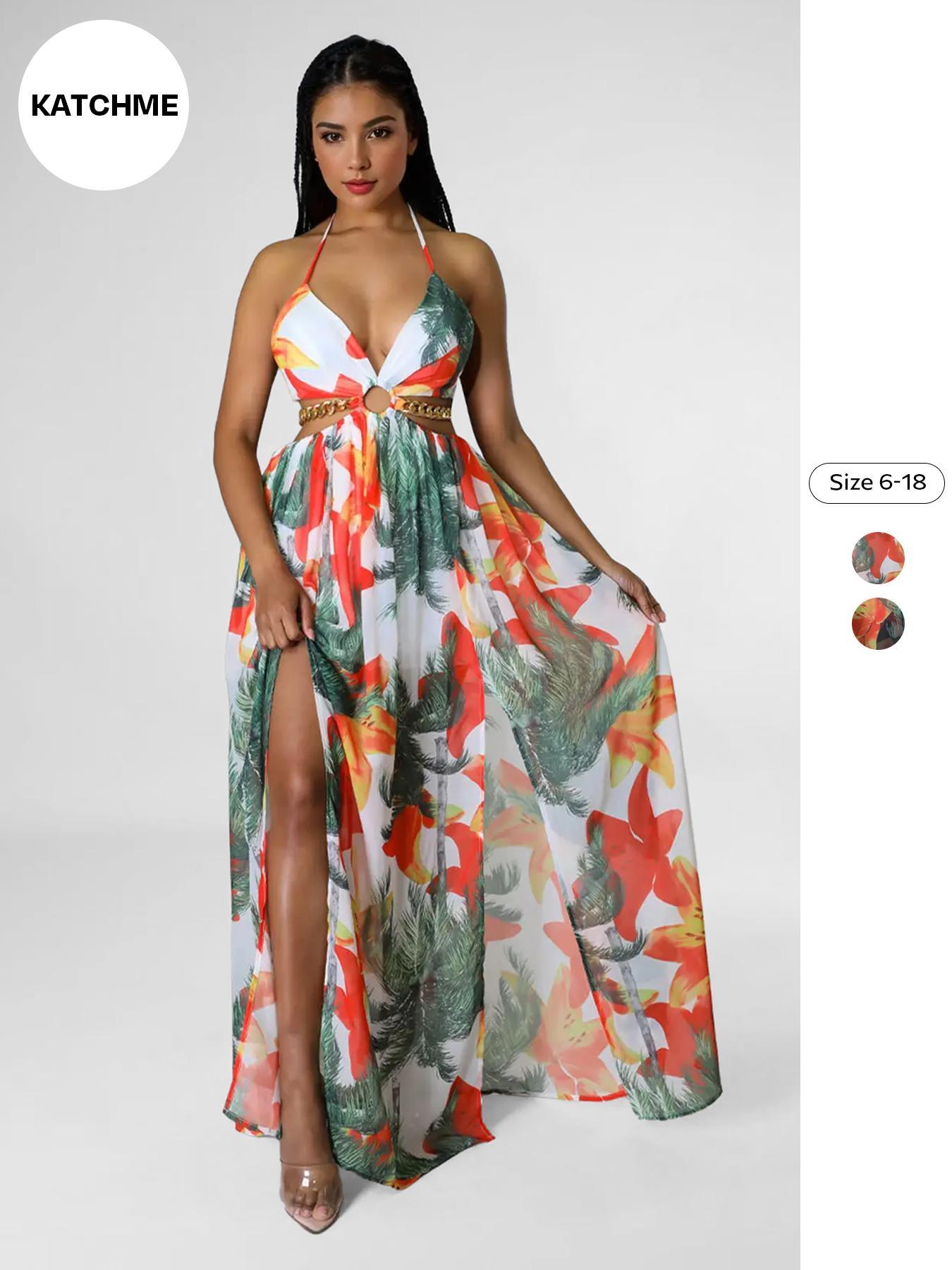 Summer Floral Print Deep V Halter Tie Split Maxi Dress Casual Wear