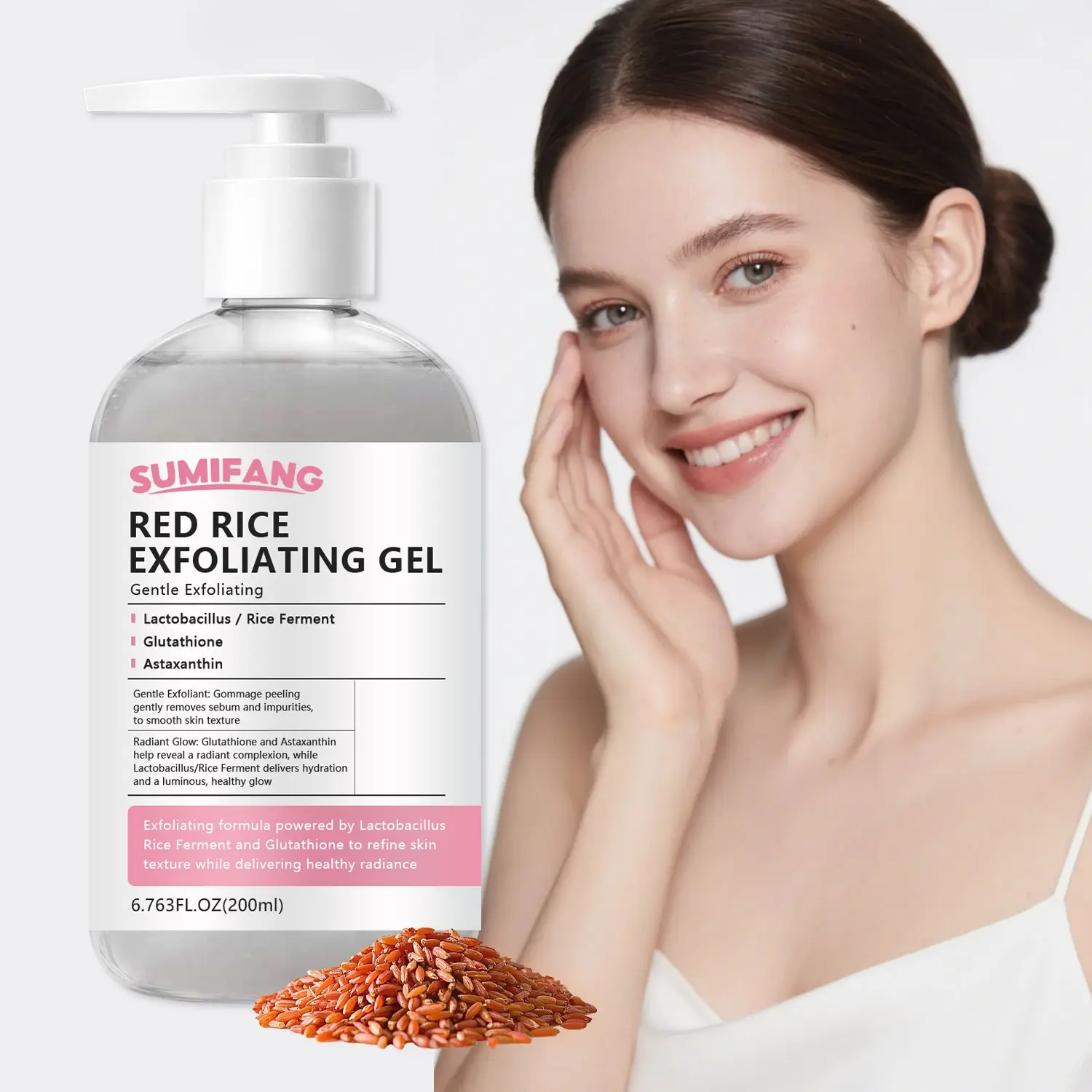 200ML Rice Ferment Exfoliating Gel, Enriched with Lactic Acid, Glutathione, Astaxanthin, Smooths Skin, Brightens Complexion, Refines Texture