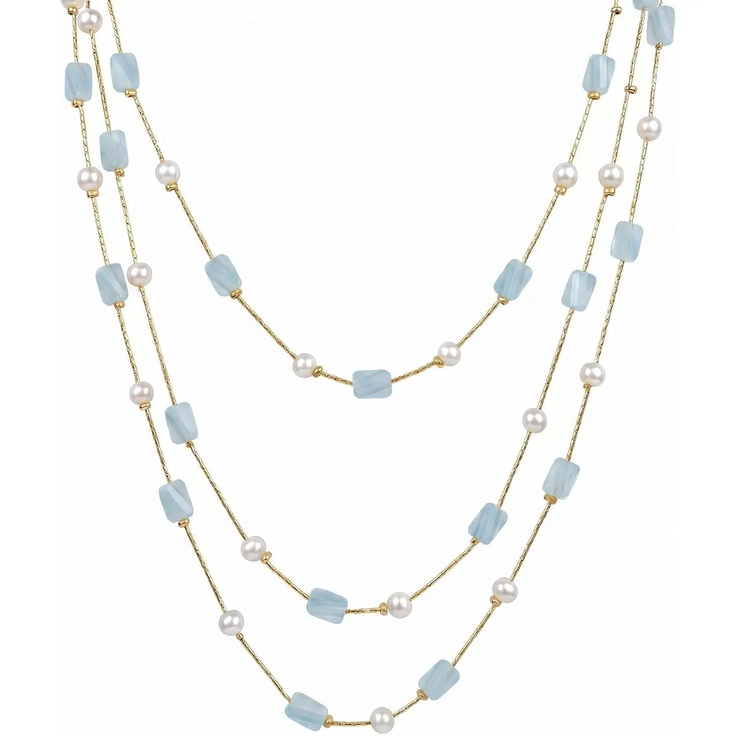 Long Glass Bead Necklace for Women, Multi-Layer Design with  & Copper Chain, Boho Chic Layering Chain  for Dress Sweater (67 Inch)