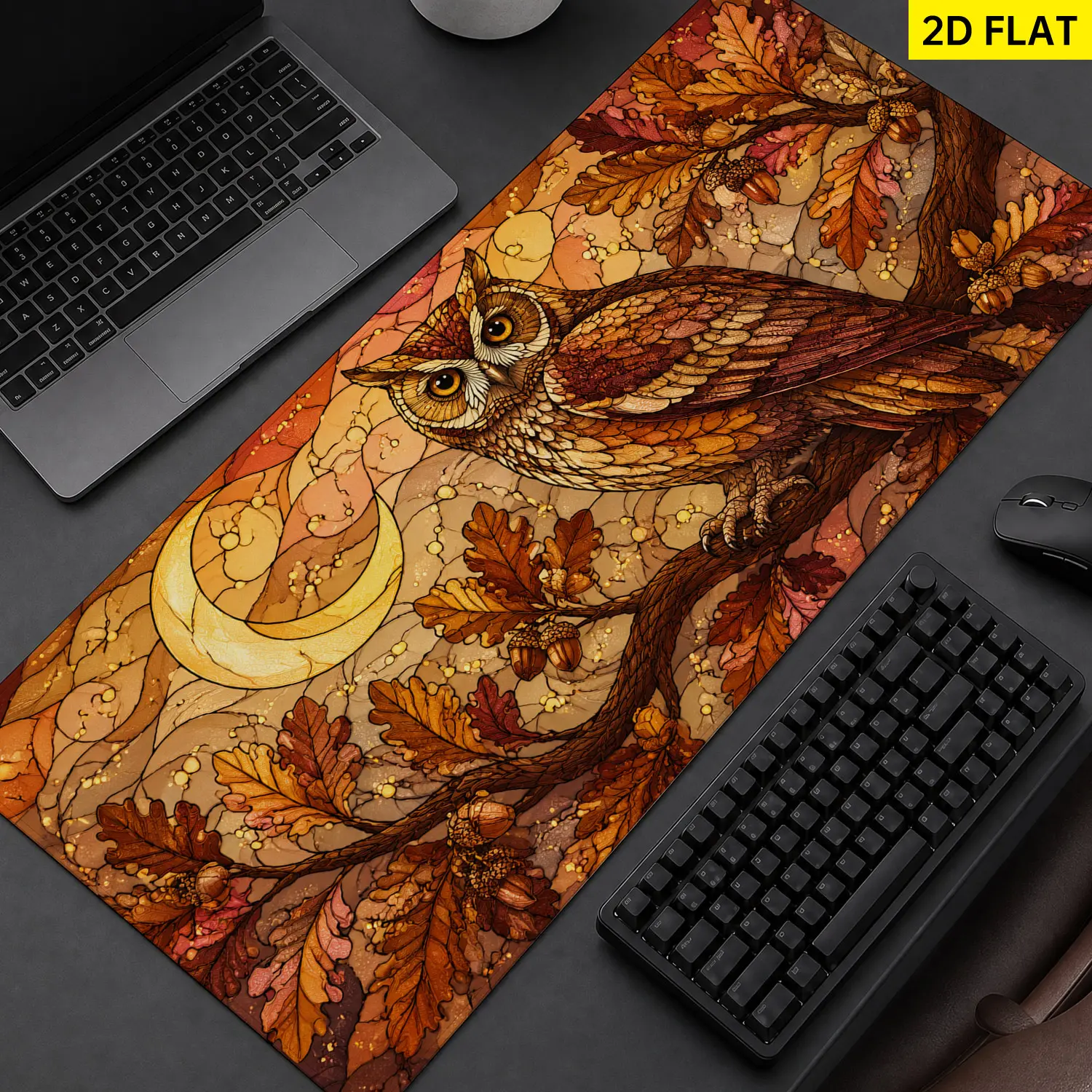 Extra Large Stained Glass Autumn Owl Mouse Pad, Non Slip Rubber Pad, Desktop Decoration Drotection Pad, Washable, Lock Edge Multi Size, Premium Multipurpose Mousepad For Home, Office, Gift for Family and Friends