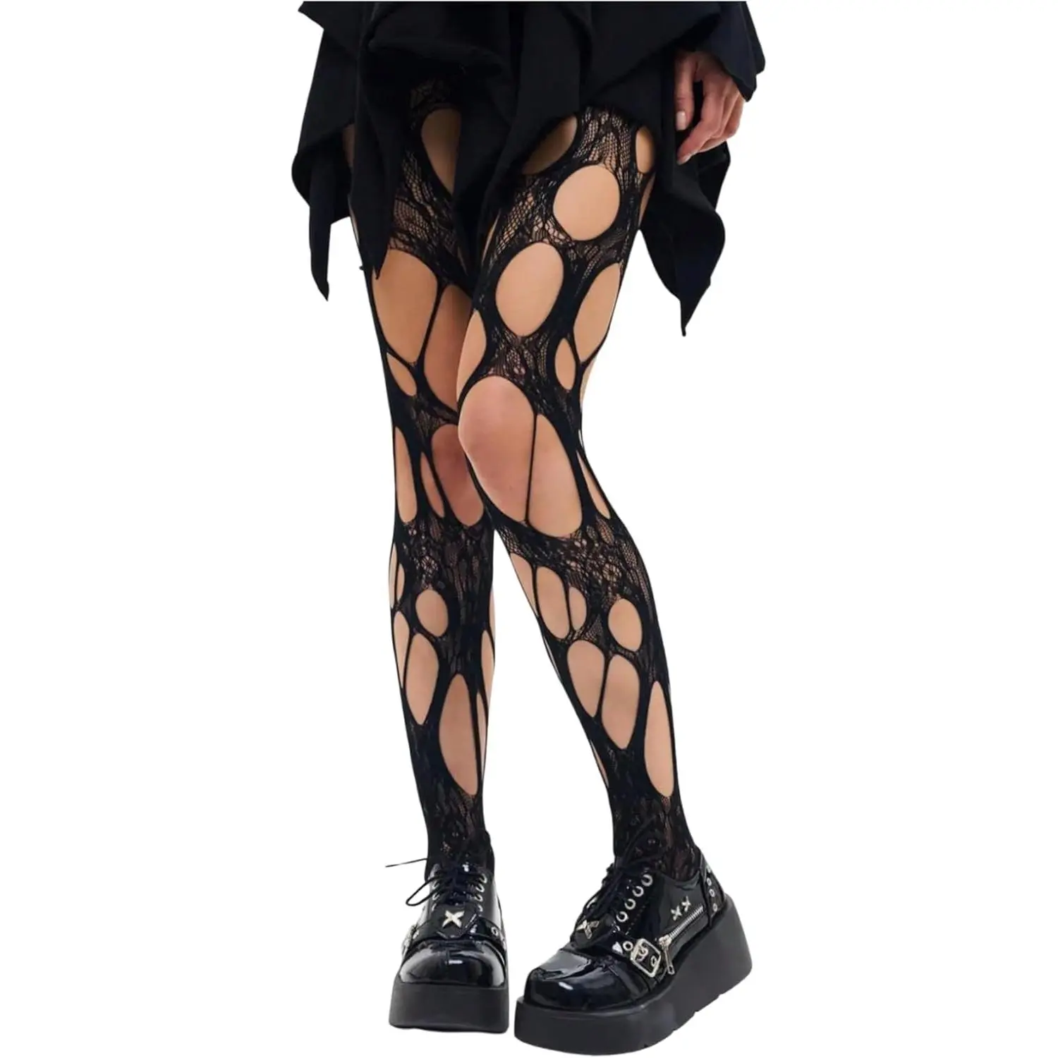 Women's Ripped Look High-Waist Pantyhose - Rave, Punk, Year 2000 Style for Sports & Outdoor Fan Shop Gaming Enthusiasts