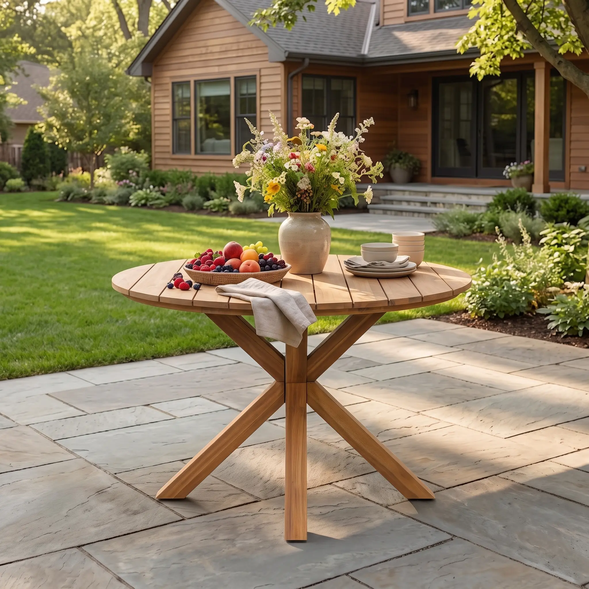 ARCH 44.5 Inch Round Outdoor Dining Table for 4, Premium Acacia Wood Patio Table with X-Shaped Base, Slatted Wooden Table for Garden, Backyard, Balcony, Poolside, Natural Finish, Easy Assembly, Natural Color Options, Acacia Wood Material
