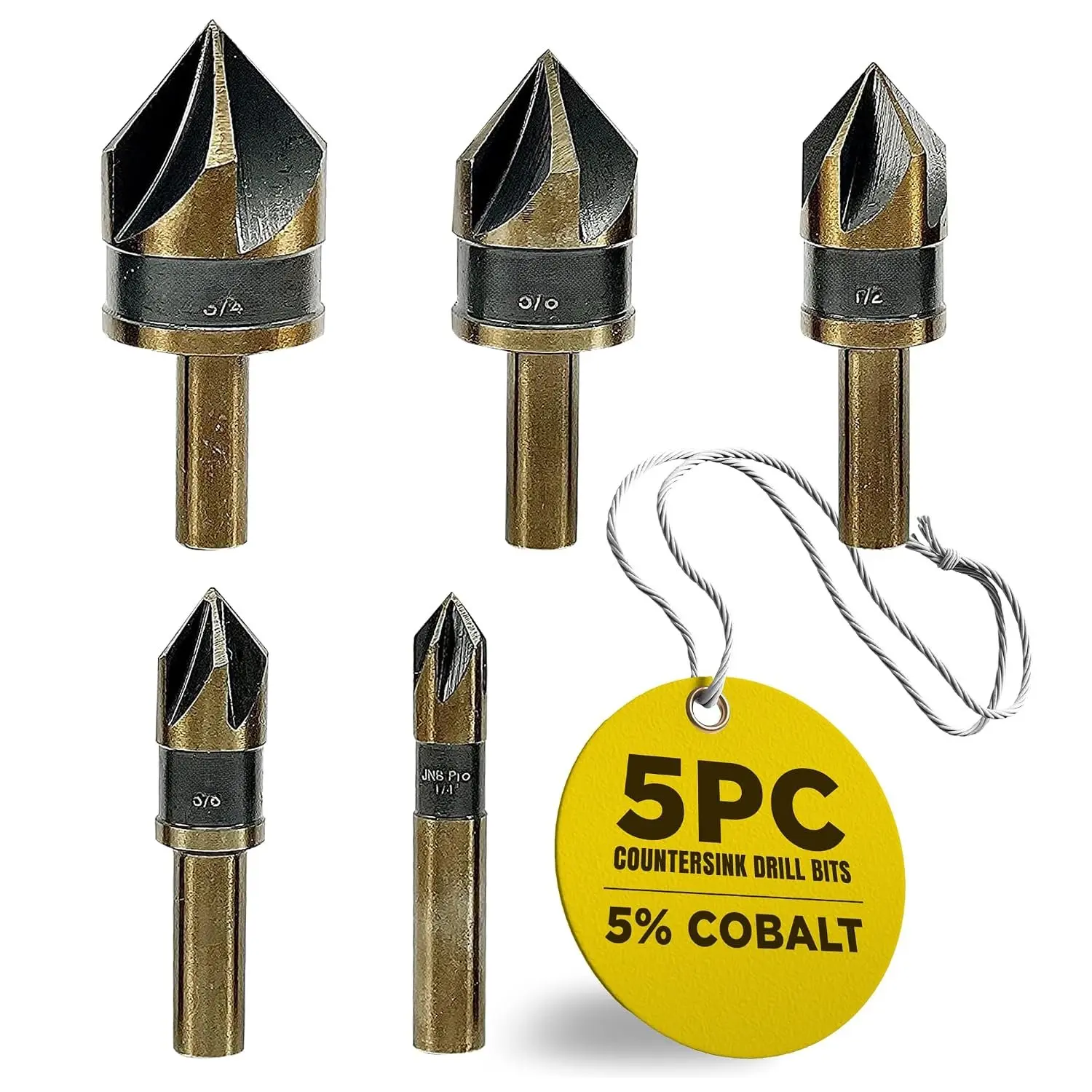 5 count Countersink Bits for Steel - Sizes 1/4" 3/8" 1/2" 5/8" 3/4", Metal Working Countersinks, 5 Flute Design 82° M35 HSS 5% Cobalt Grade Bit 1/4" Shank - Ideal for Stationary or Hand Drill