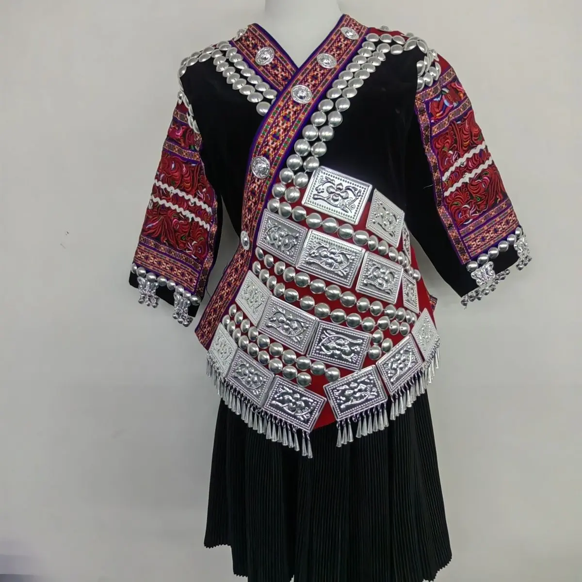 Hmong Miao Women's Embroidered Top & Skirt Styling Set - Red or Black