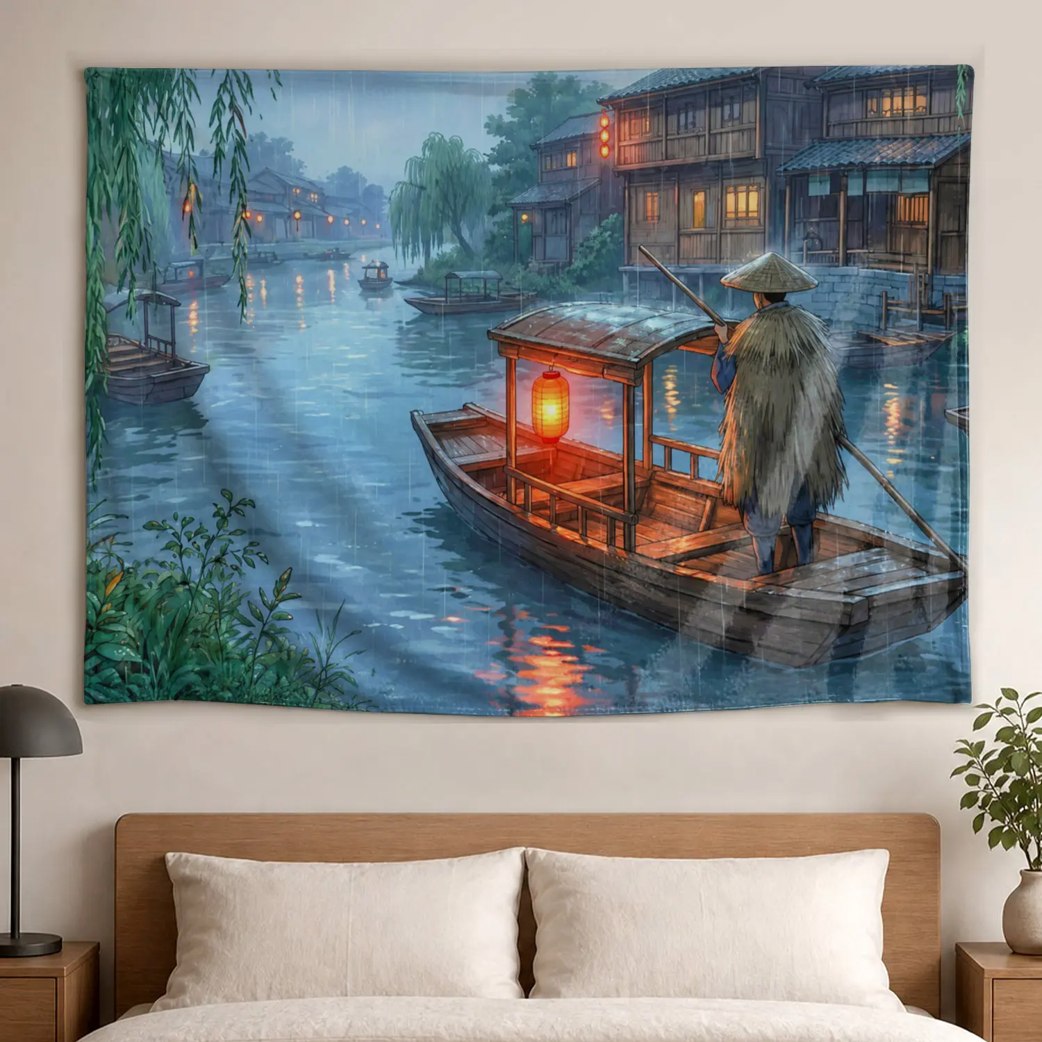 Traditional Asian Water Town Rainy Landscape Wall Tapestry - Large High-Def Print Polyester Wall Hanging Decor, Artwork for Living Room, Room Decor, No-Installation Indoor-Outdoor Gift Idea for Family