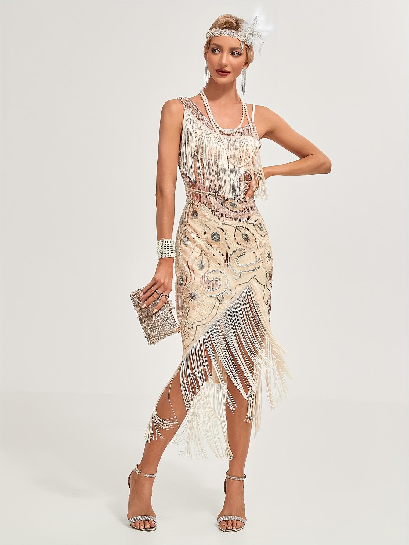 Sequined Fringe Hem Flapper Dress, Vintage Sleeveless Bodycon Dress For Party & Banquet, Women's Clothing